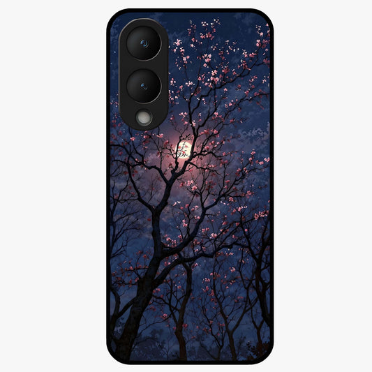 Twilight Sakura Serenade Glass Case showing flat back view with cherry blossom artwork at twilight and glossy glass finish.