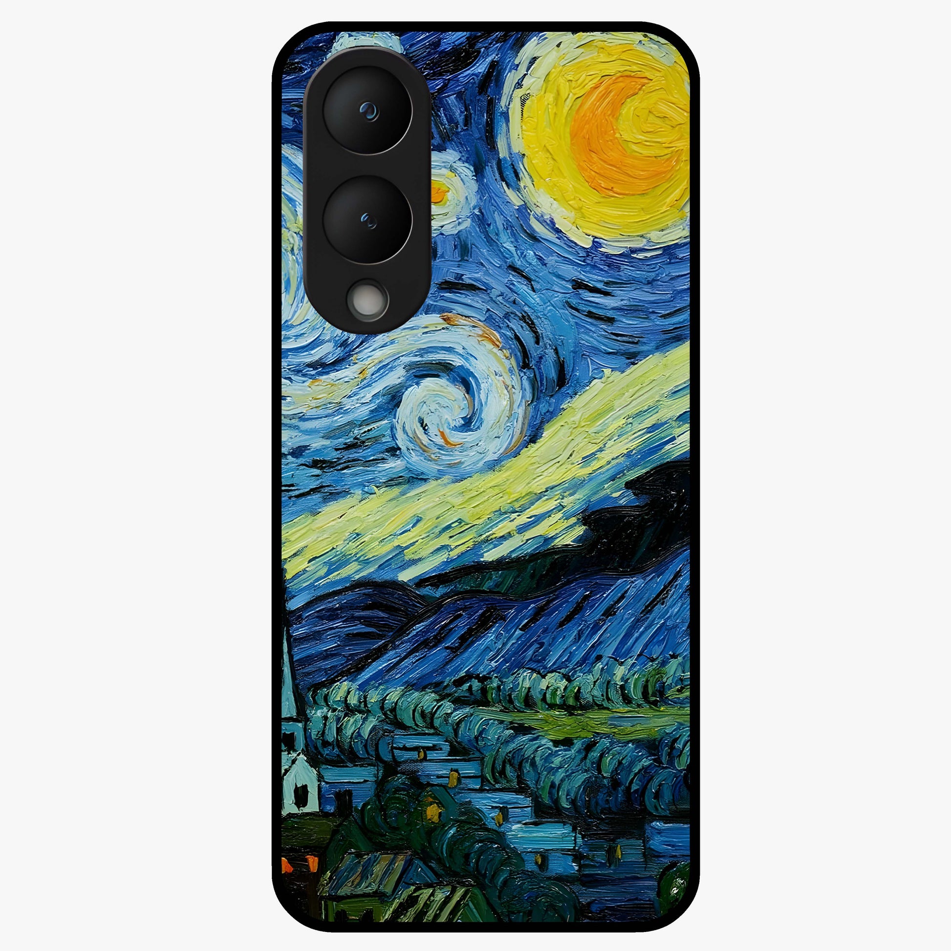 Van Gogh Art Glass Case showing flat back view with classic painterly artwork inspired by Van Gogh style and glossy glass finish.