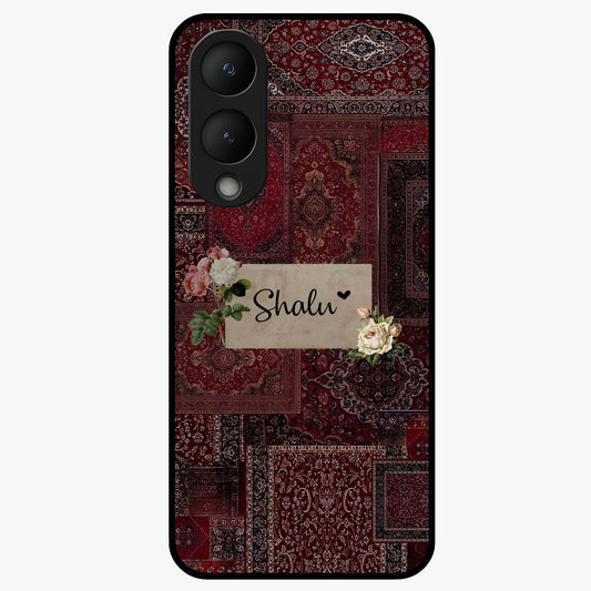 Velvet Wine Pattern Custom Name Glass Case showing flat back view with elegant wine colored pattern artwork and personalized name design.