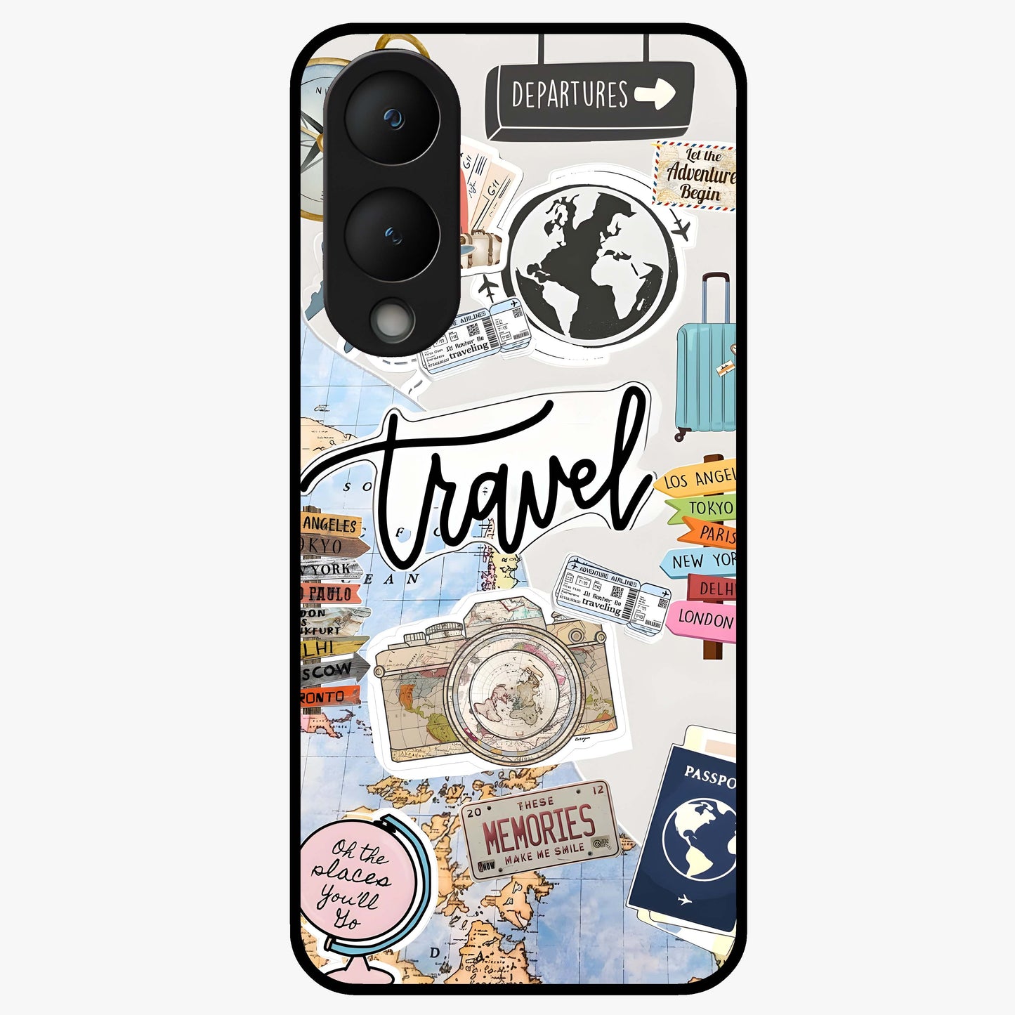 Wanderlust Journal Glass Case showing flat back view with travel inspired artwork and glossy glass finish.