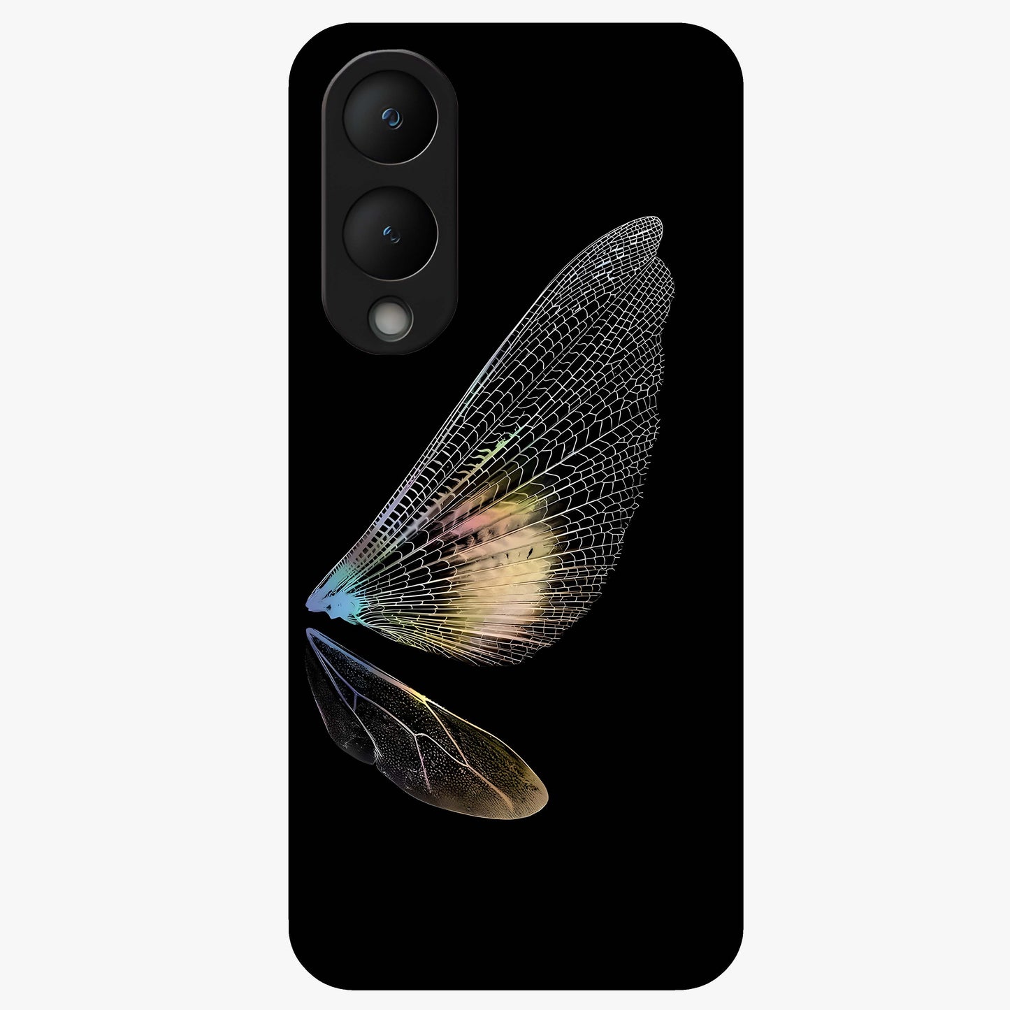 Whispers Of Wings Glass Case showing flat back view with graceful wing inspired artwork and glossy glass finish.