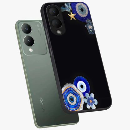 Aesthetic Blue Evil Eye Glass Case displayed in angled mockup highlighting blue evil eye symbol and spiritual aesthetic design.