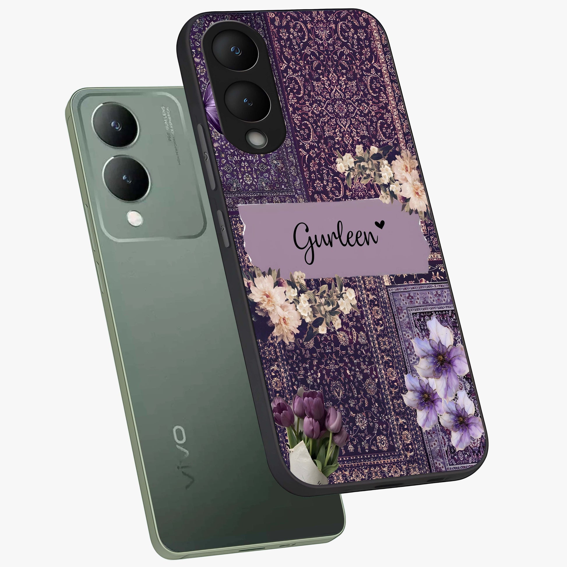 Antique Floral Whisper Custom Name Glass Case displayed in angled mockup highlighting elegant antique floral aesthetic.