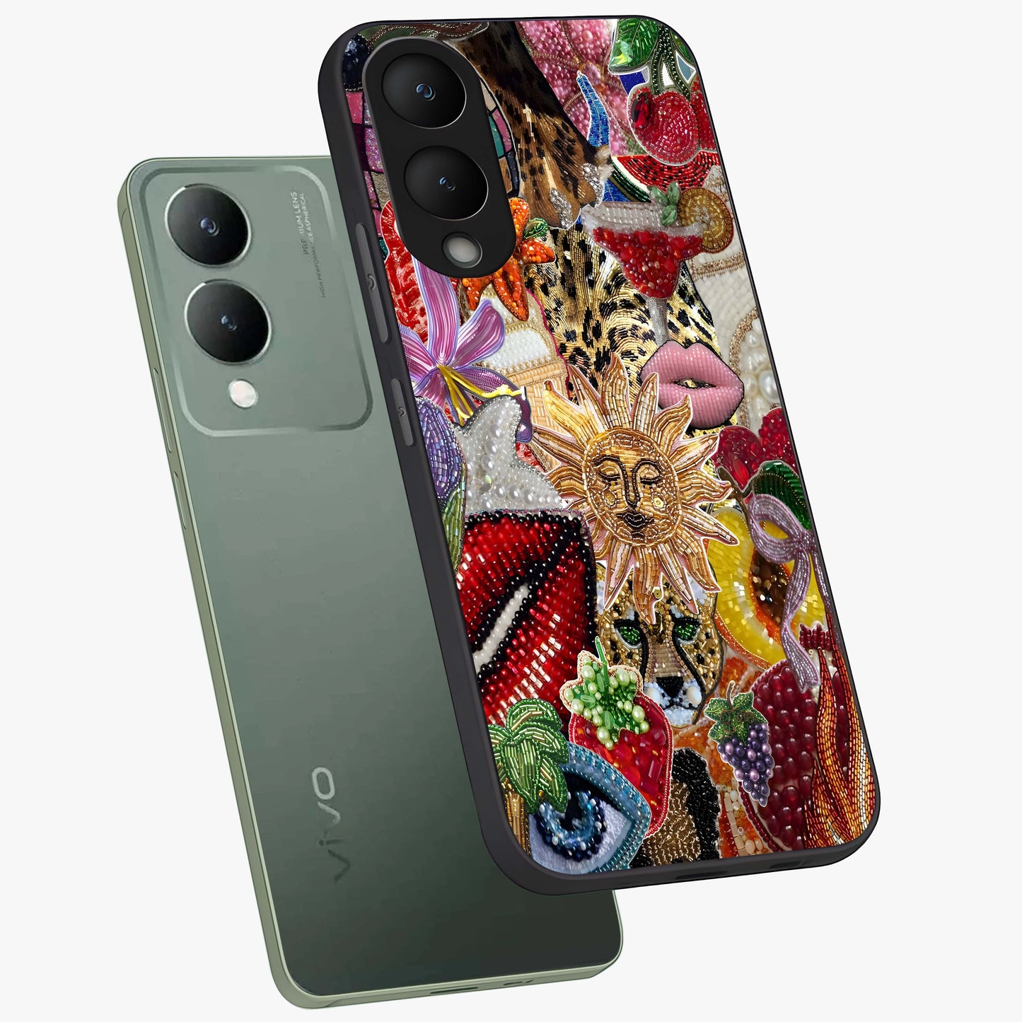 Beaded Fashion Jungle Glass Case displayed in angled mockup highlighting colorful fashion bead design and artistic pattern.