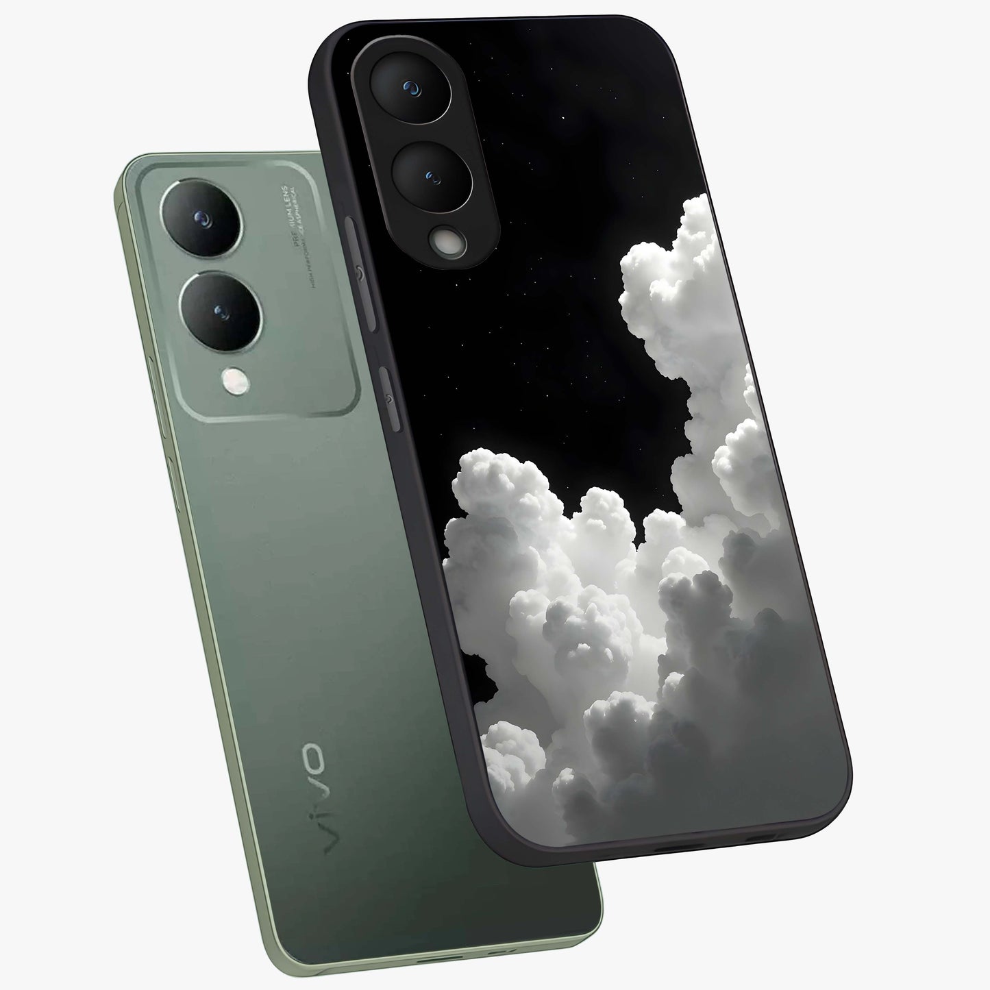 Black Background With White Cloud Glass Case displayed in angled mockup highlighting soft white cloud illustration and minimal design.