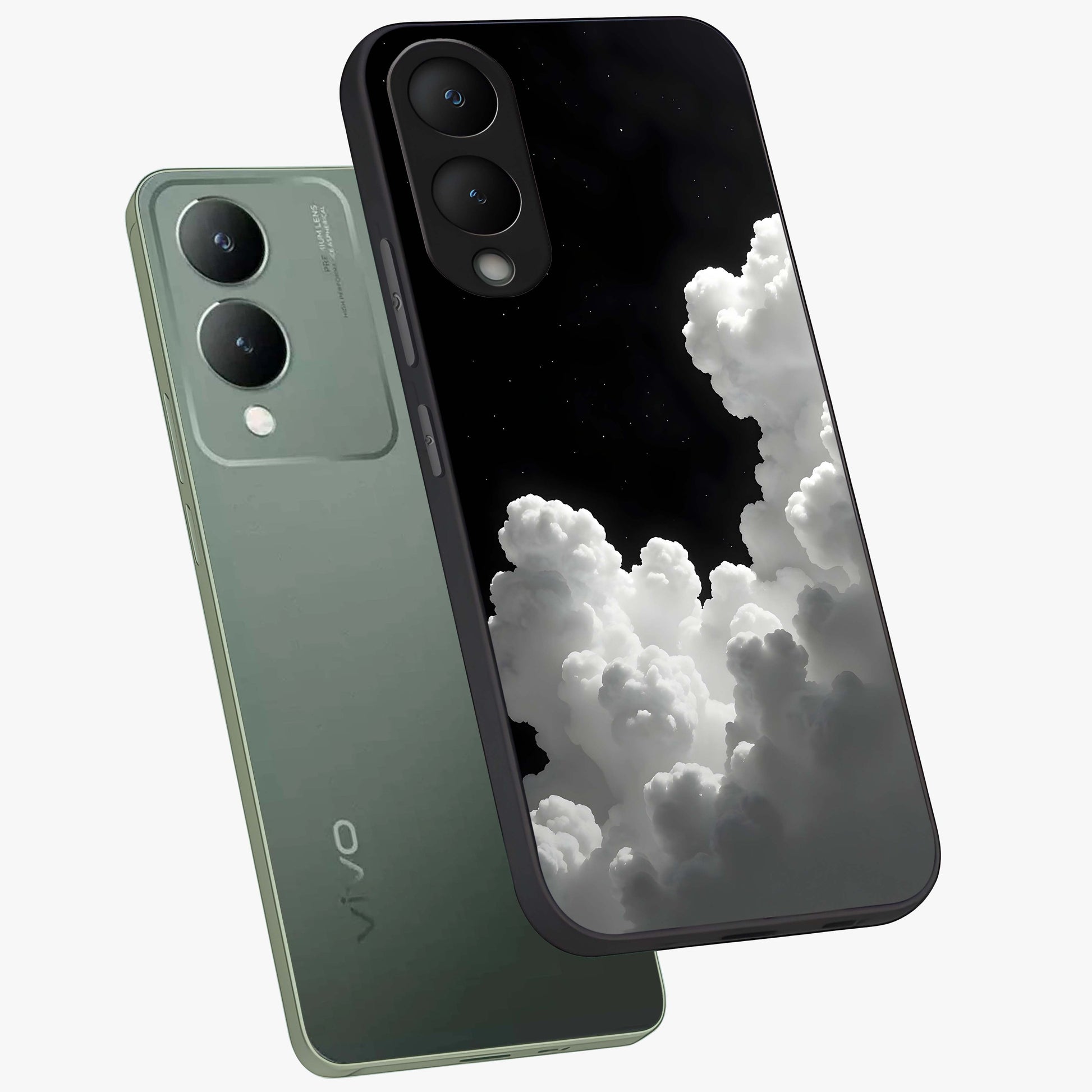 Black Background With White Cloud Glass Case displayed in angled mockup highlighting soft white cloud illustration and minimal design.