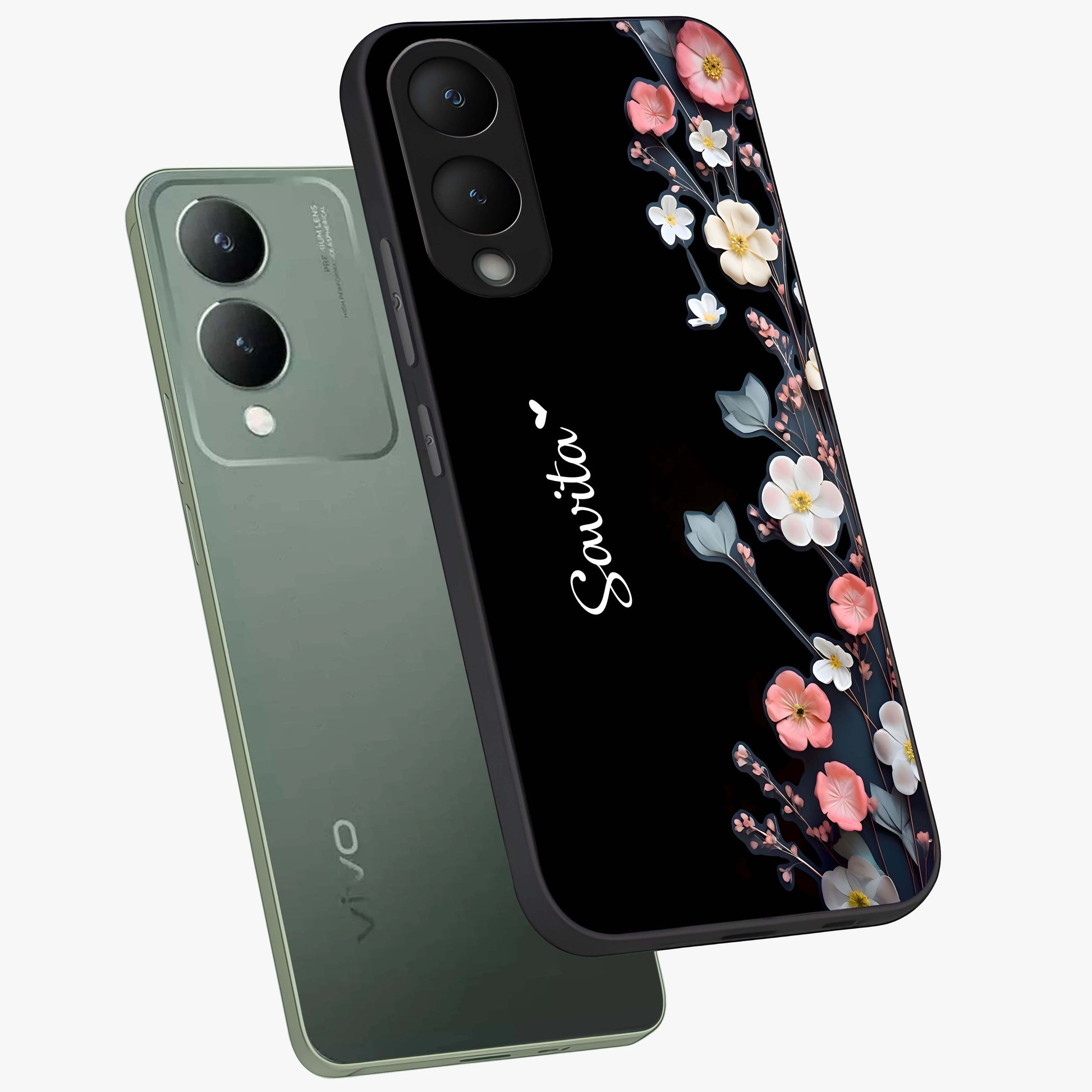 Black Elegance Floral Custom Name Glass Case displayed in angled mockup highlighting dark floral aesthetic and custom name feature.