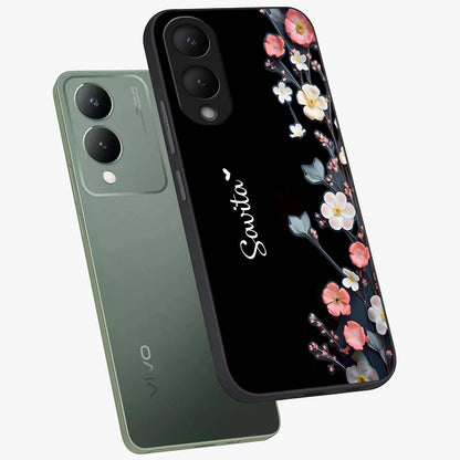 Black Elegance Floral Custom Name Glass Case displayed in angled mockup highlighting dark floral aesthetic and custom name feature.