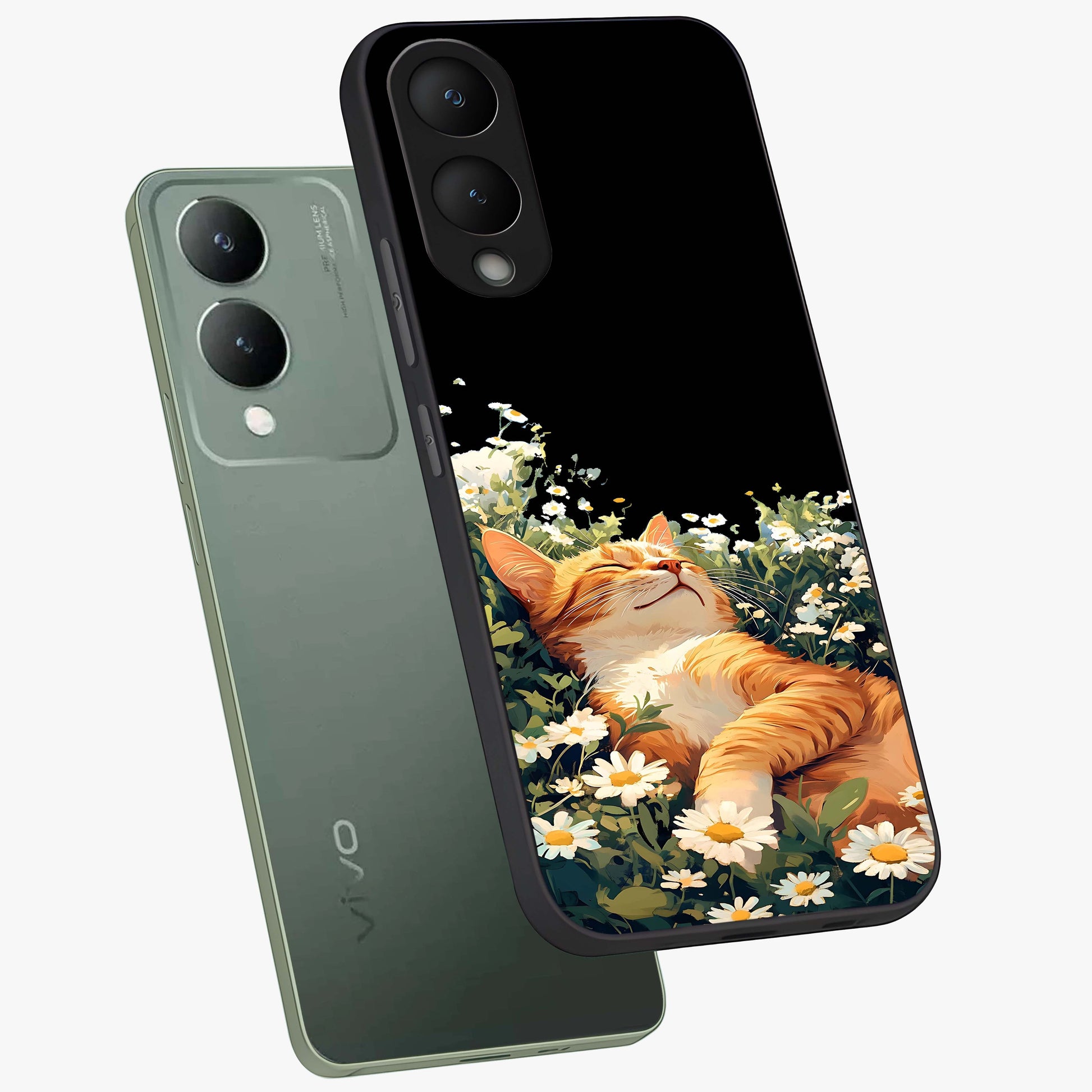 Blissful Bloom Cat Glass Case displayed in angled mockup highlighting playful feline illustration with soft floral aesthetic.