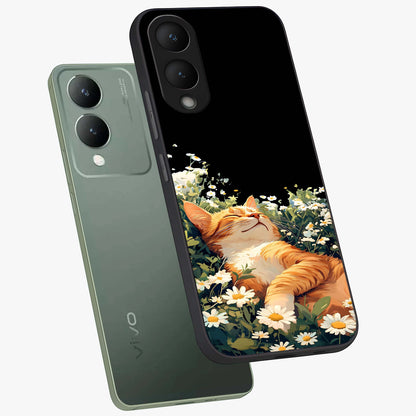 Blissful Bloom Cat Glass Case displayed in angled mockup highlighting playful feline illustration with soft floral aesthetic.