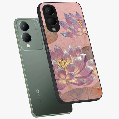 Blossom Mist Lotus Glass Case displayed in angled mockup highlighting delicate lotus illustration with calm aesthetic theme.