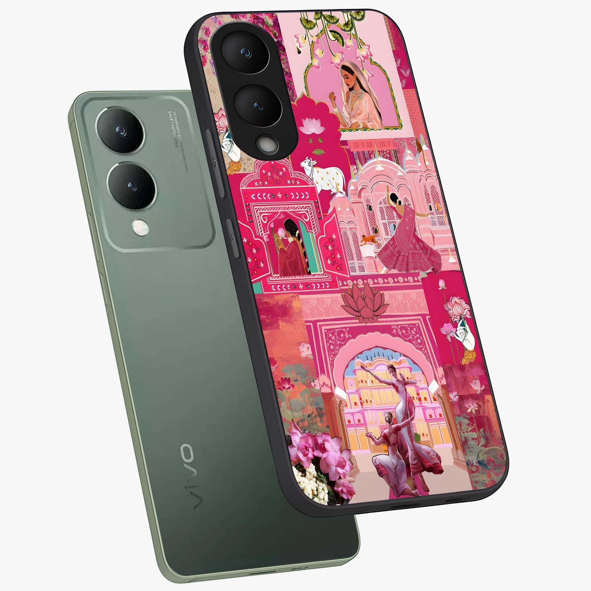 Blossoms of Rajasthan Glass Case displayed in angled mockup highlighting vibrant floral pattern with cultural aesthetic style.