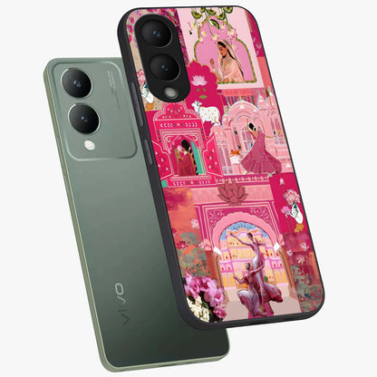 Blossoms of Rajasthan Glass Case displayed in angled mockup highlighting vibrant floral pattern with cultural aesthetic style.