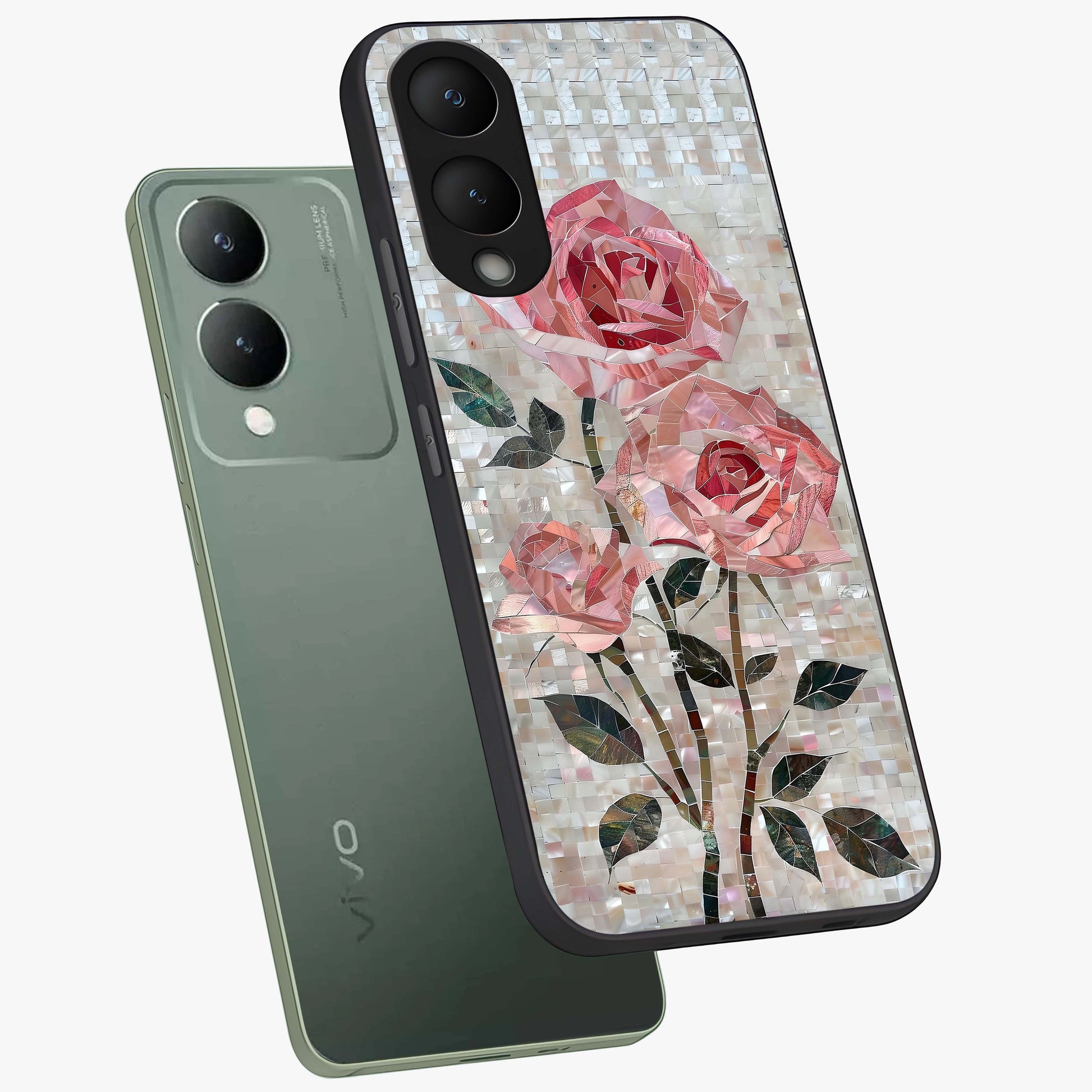 Blush Mosaic Bloom Glass Case displayed in angled mockup highlighting artistic mosaic flower pattern with aesthetic design.