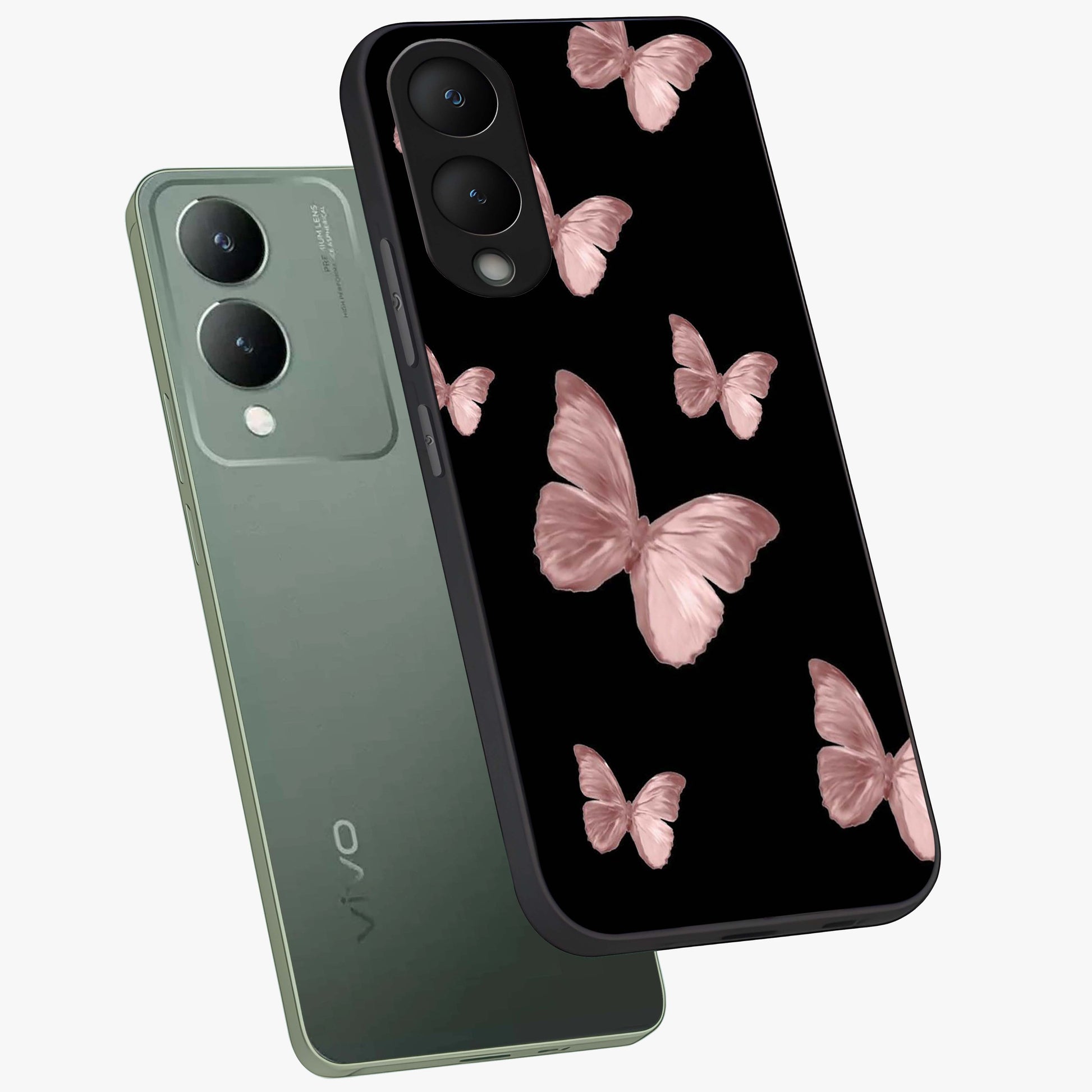 Butterfly Pattern Glass Case displayed in angled mockup highlighting delicate butterfly design and aesthetic pattern style.