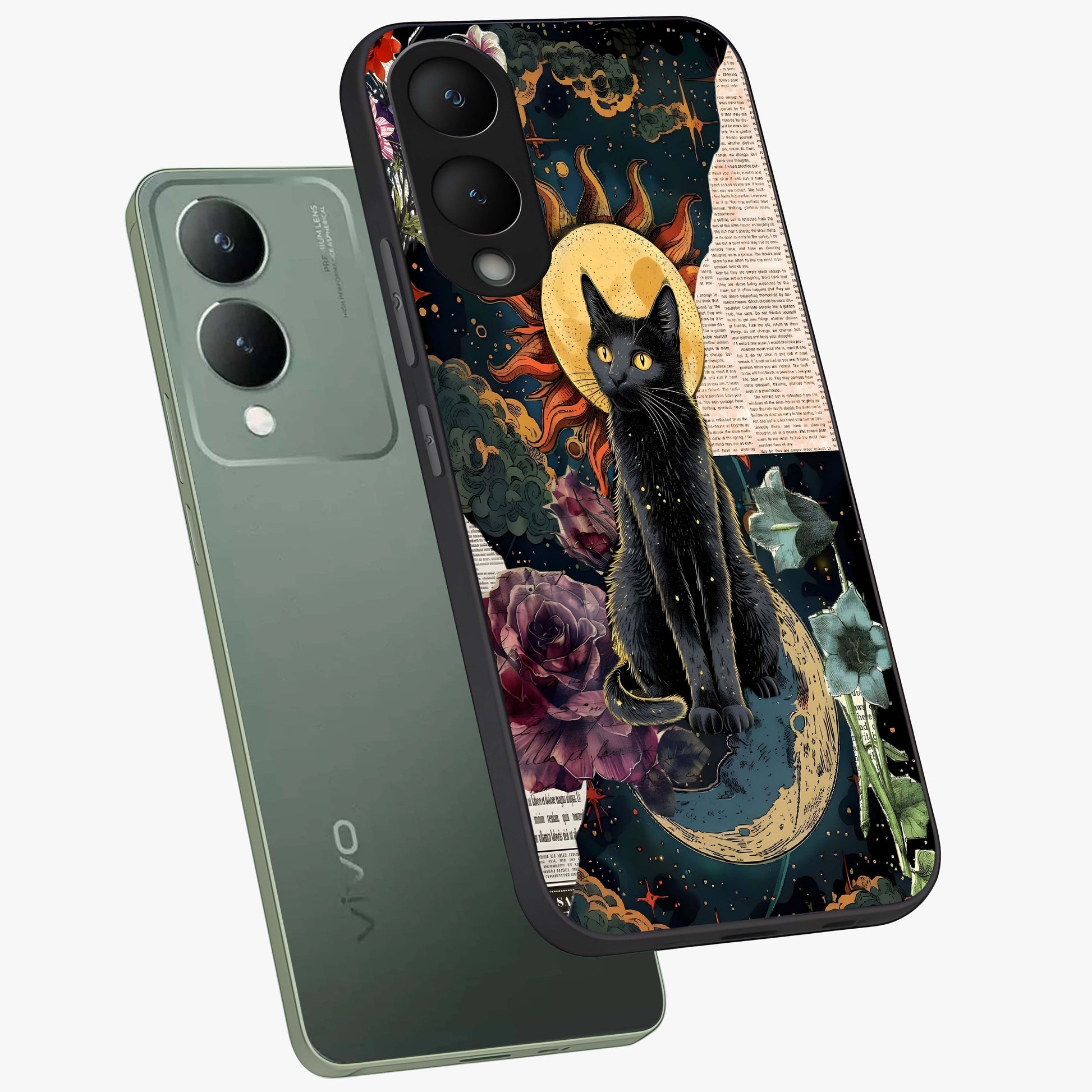 Celestial Black Cat Glass Case displayed in angled mockup highlighting cosmic black cat design with celestial aesthetic.