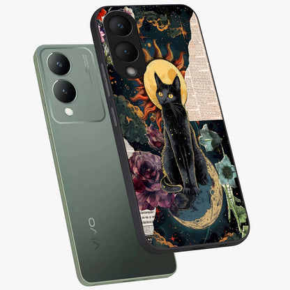 Celestial Black Cat Glass Case displayed in angled mockup highlighting cosmic black cat design with celestial aesthetic.