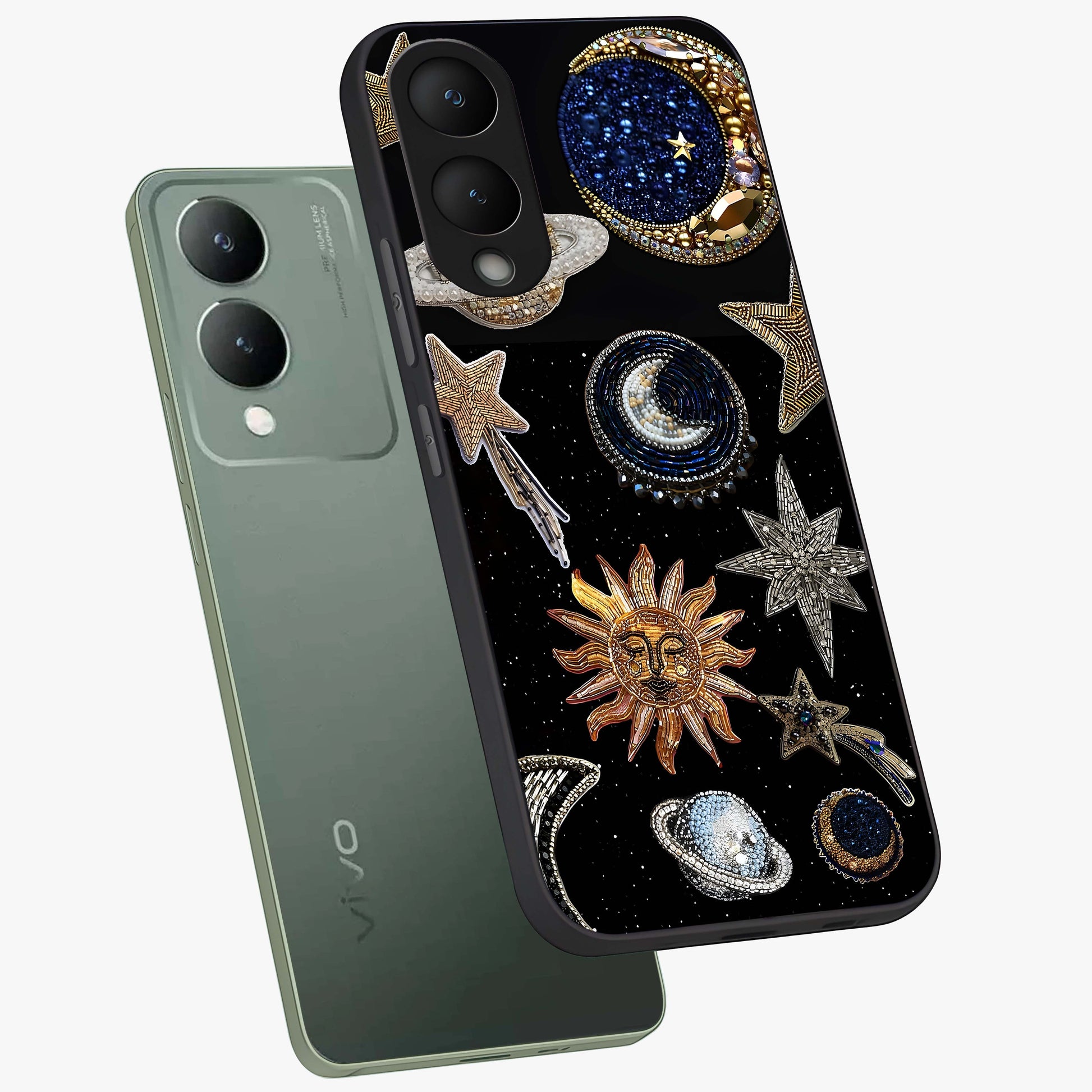 Celestial Gem Constellations Glass Case displayed in angled mockup highlighting gemstone inspired constellation design.