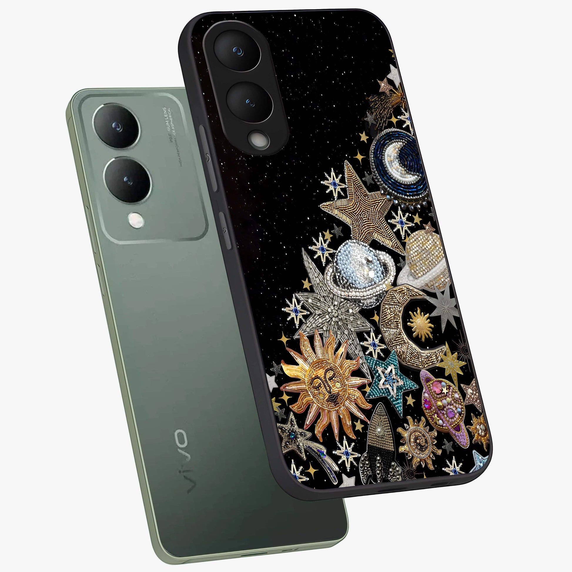 Cosmic Sparkle Dreams Glass Case displayed in angled mockup highlighting dreamy star sparkle design with celestial aesthetic.