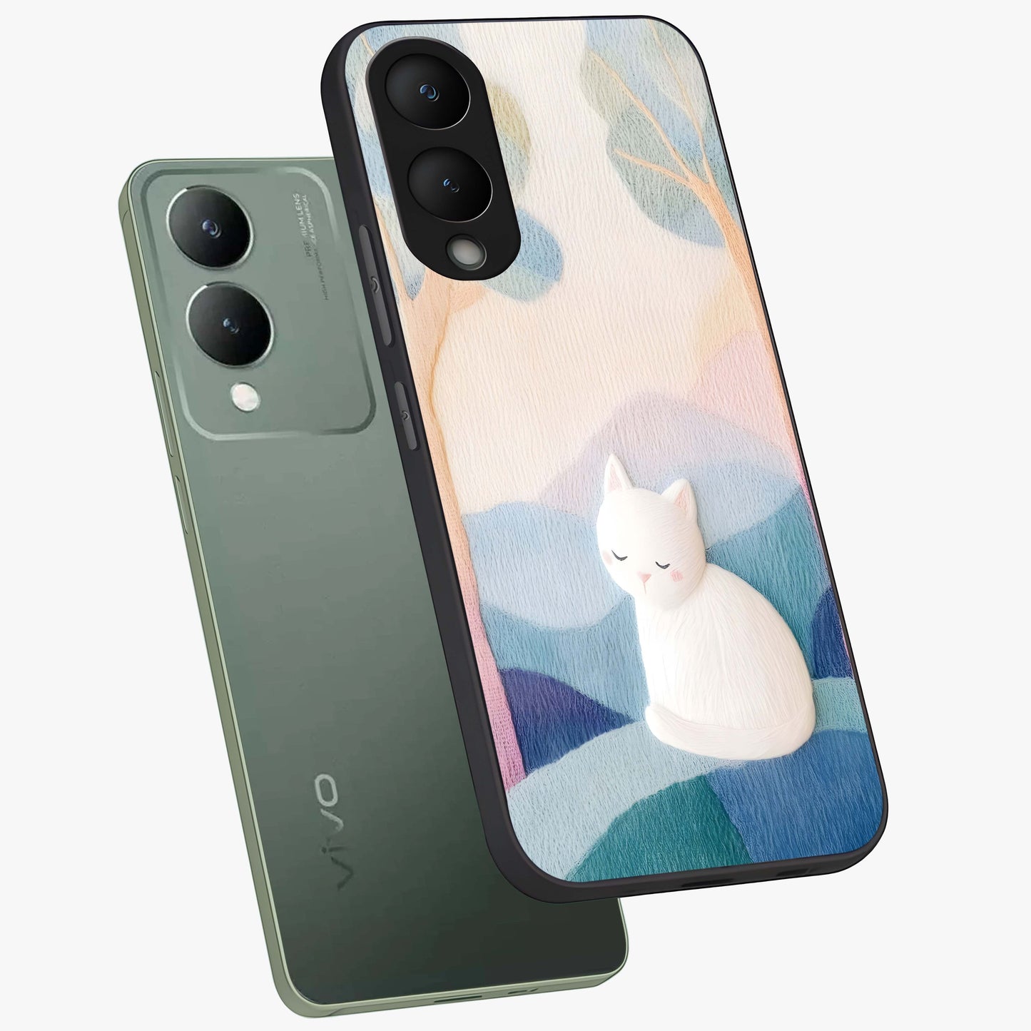 Cotton Dream Cat Glass Case displayed in angled mockup highlighting cute feline illustration with pastel aesthetic style.