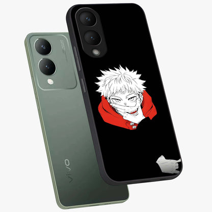 Crimson Chaos Smile Glass Case displayed in angled mockup highlighting edgy crimson smile design with graphic aesthetic.