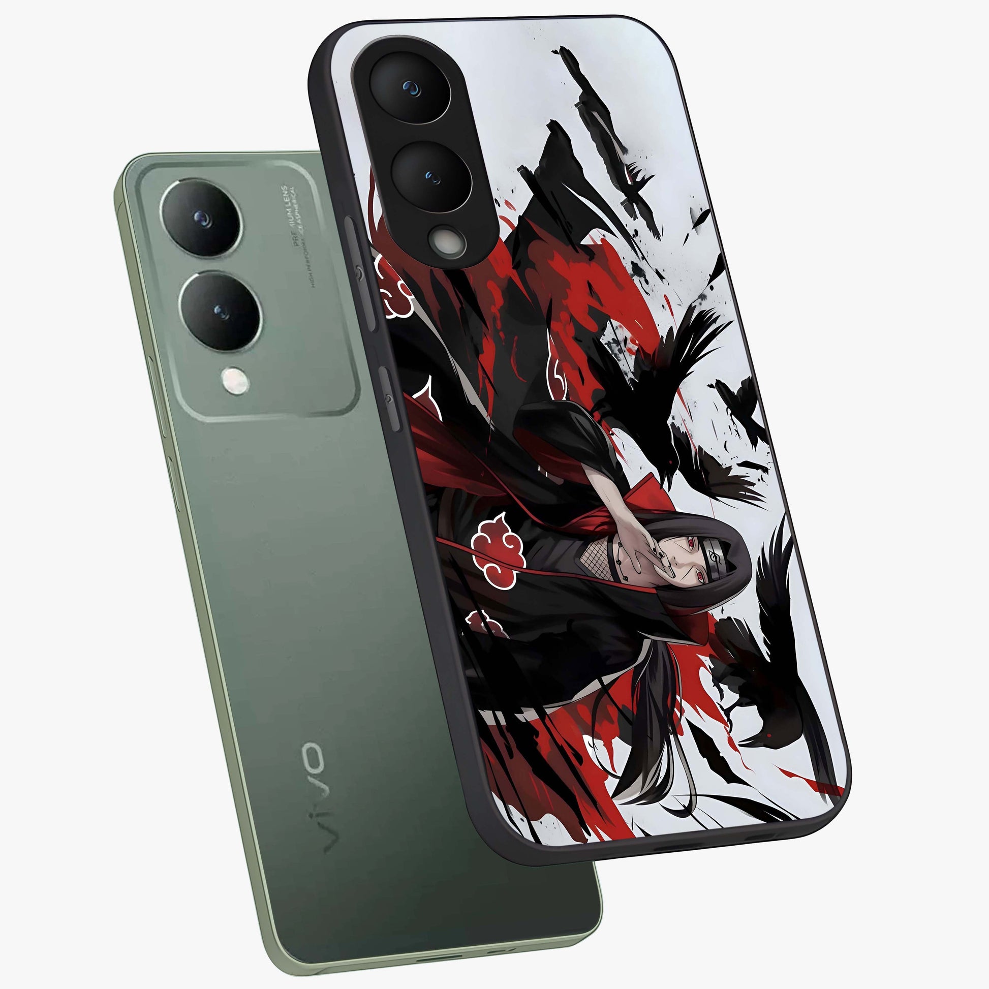 Crimson Crow Illusion Glass Case displayed in angled mockup highlighting mysterious crow graphic with dark aesthetic style.