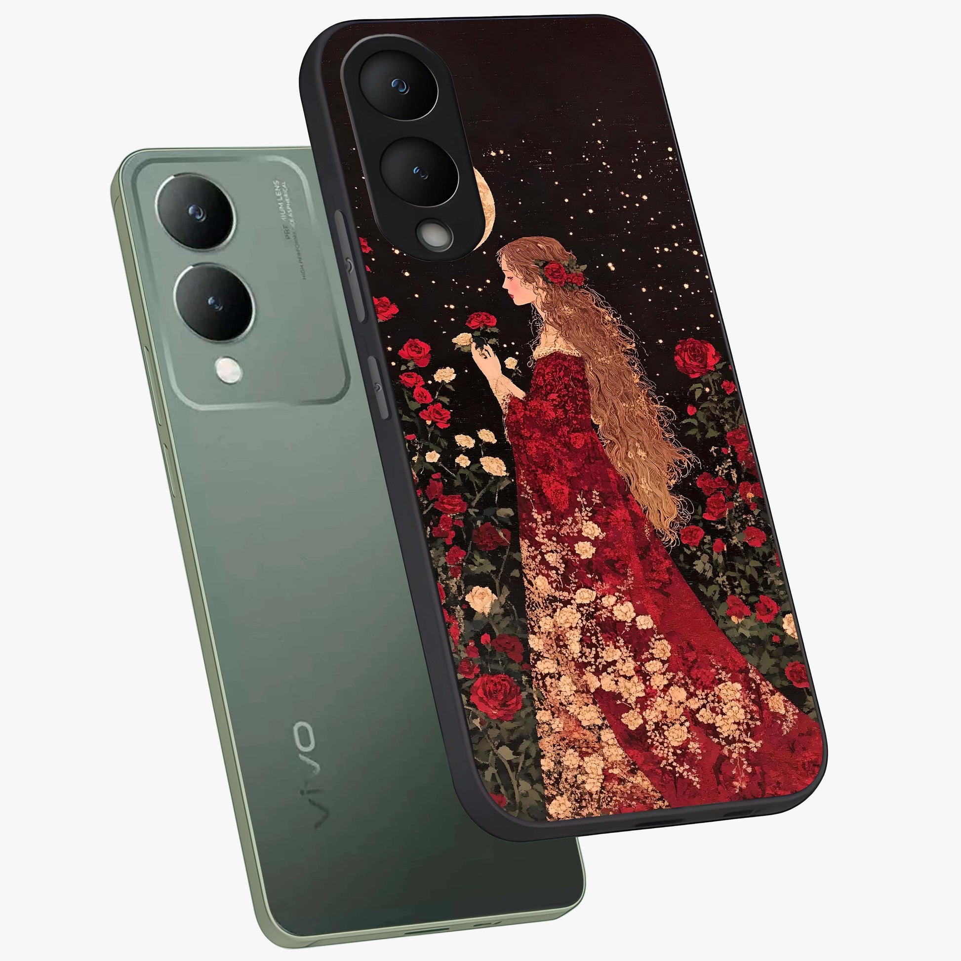 Crimson Dreams Glass Case displayed in angled mockup highlighting soft crimson aesthetic design with artistic theme.