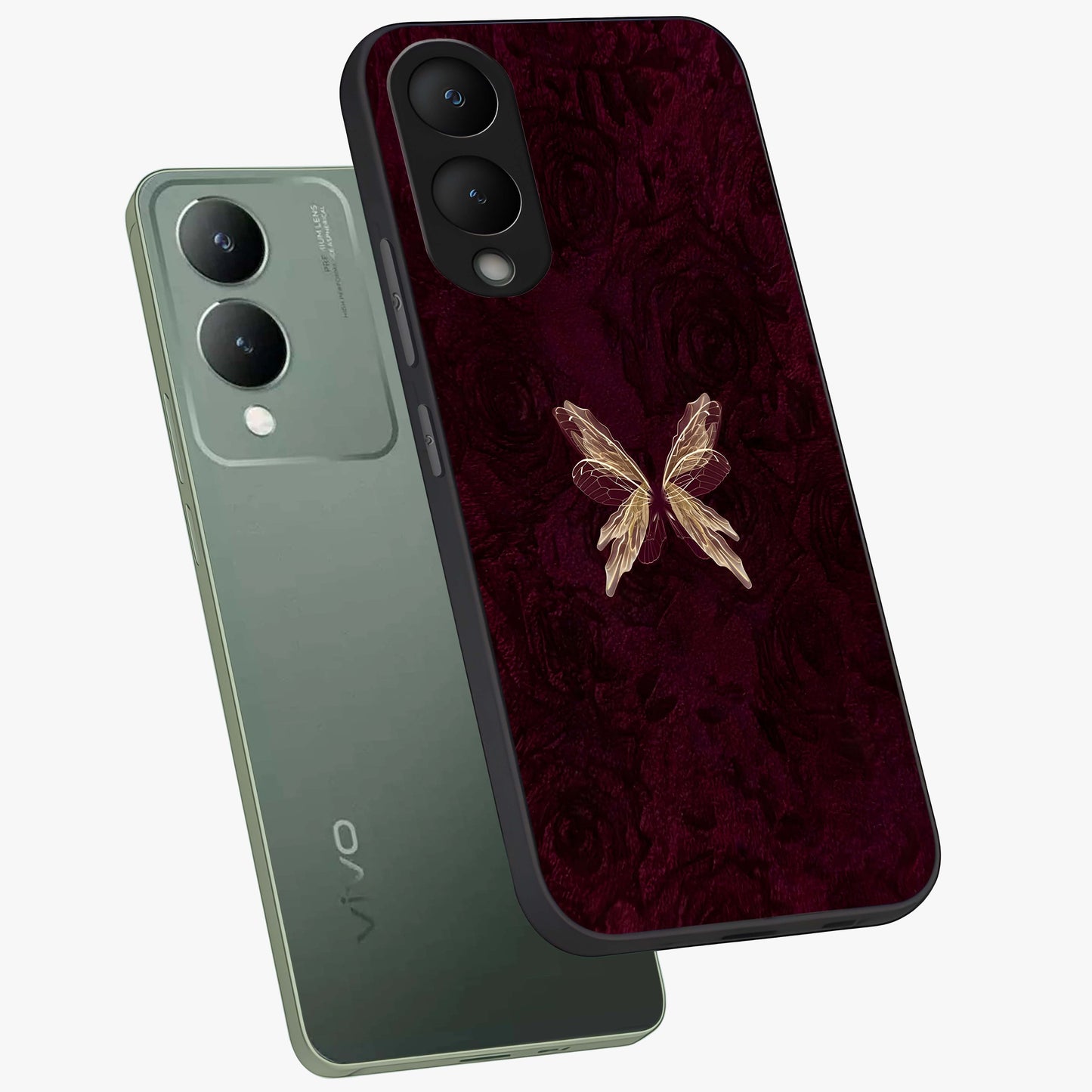 Crimson Fade Butterfly Glass Case displayed in angled mockup highlighting elegant butterfly design with crimson gradient aesthetic.