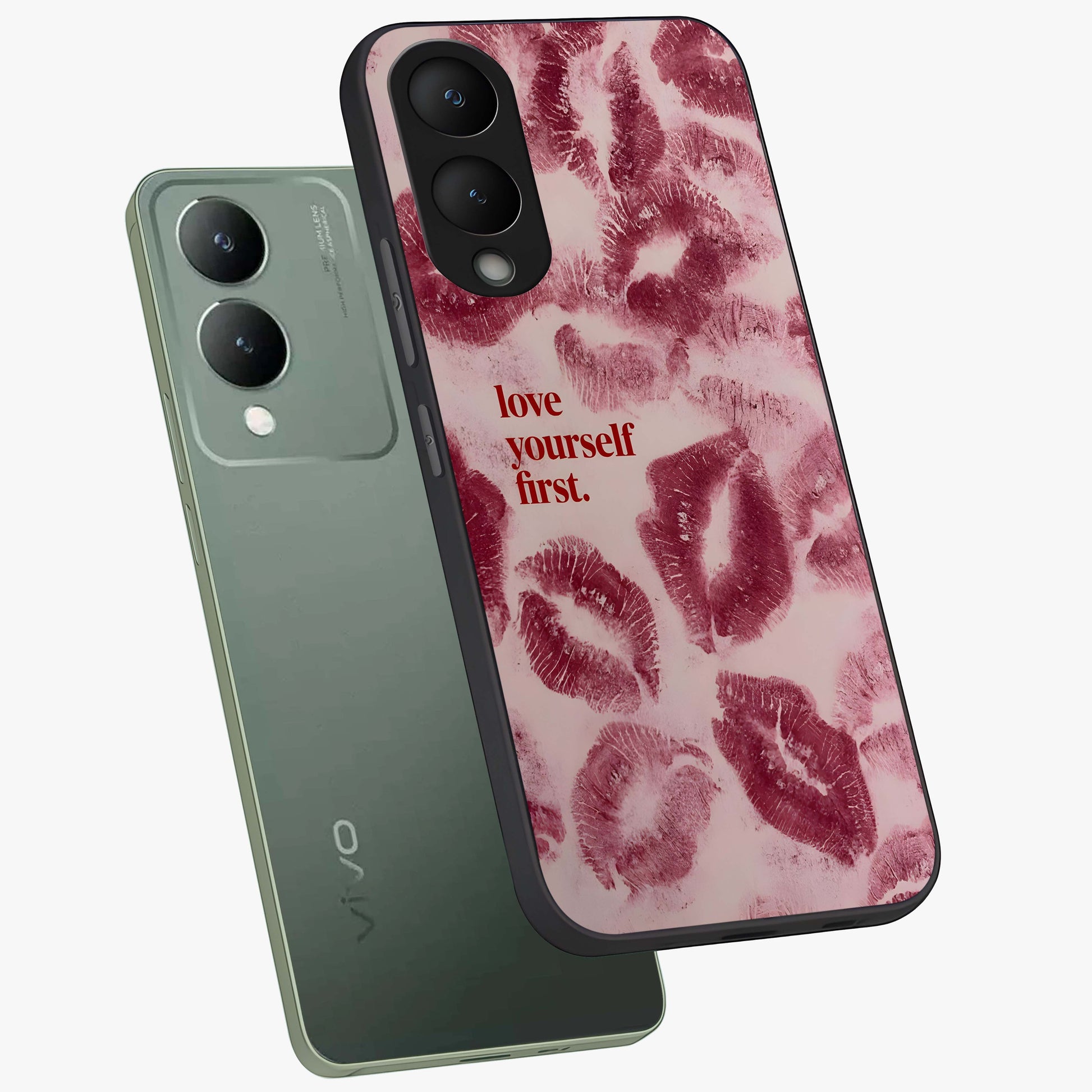 Crimson Kiss Love Glass Case displayed in angled mockup highlighting bold love inspired design with modern aesthetic style.
