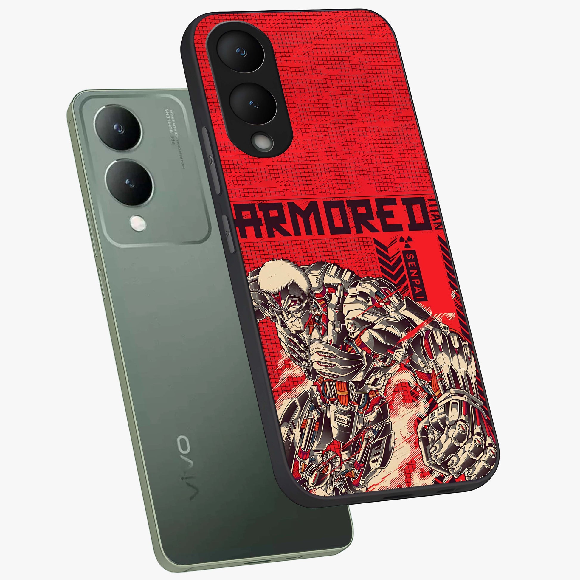 Crimson Mecha Titan Glass Case displayed in angled mockup highlighting futuristic mech illustration with bold crimson aesthetic.