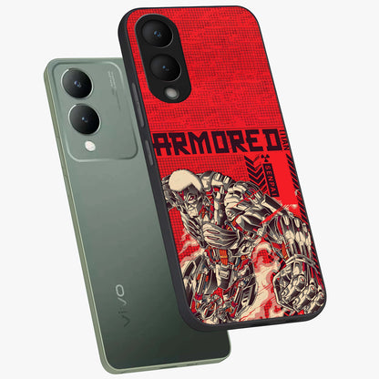 Crimson Mecha Titan Glass Case displayed in angled mockup highlighting futuristic mech illustration with bold crimson aesthetic.