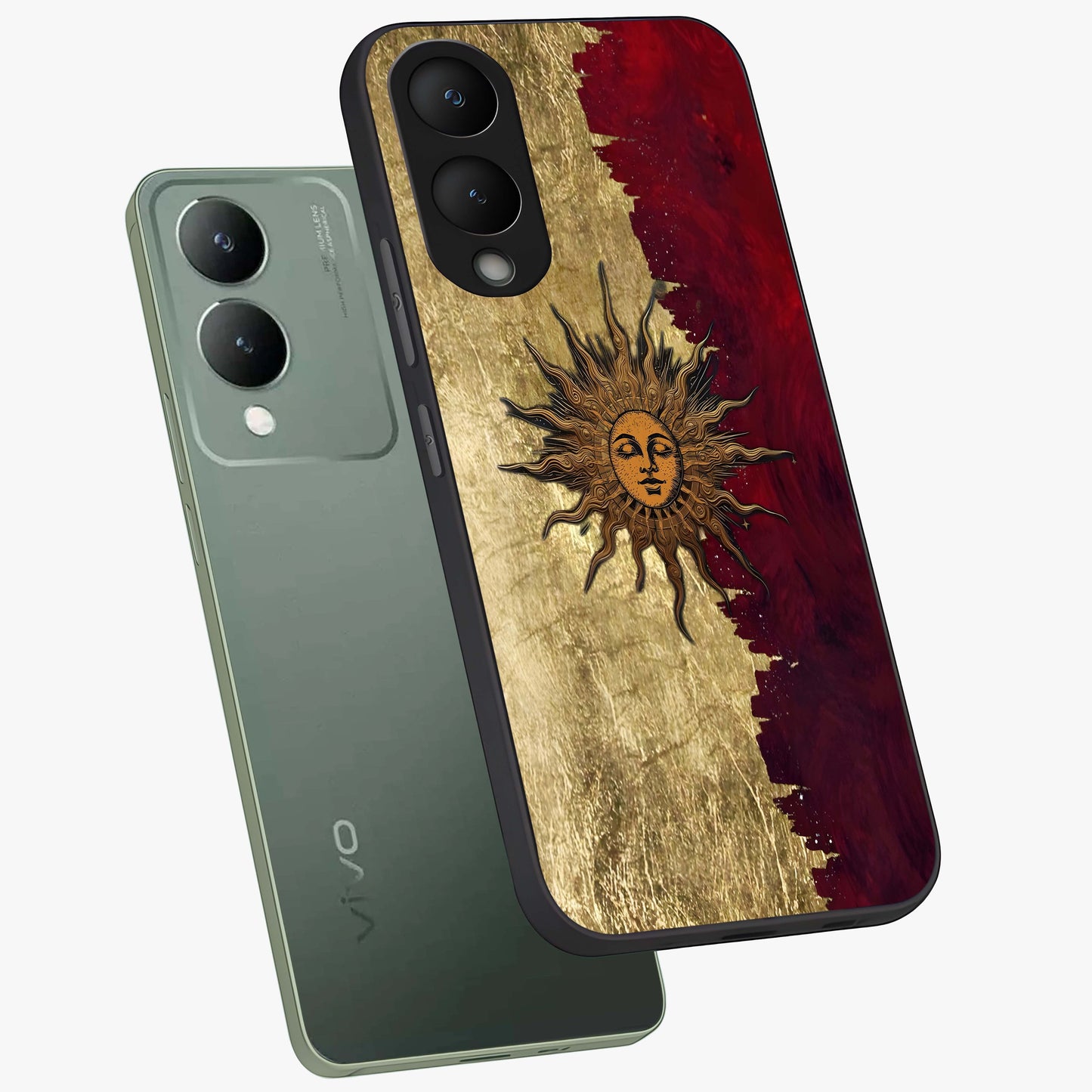 Crimson Sun Majesty Glass Case displayed in angled mockup highlighting majestic crimson sun design with bold aesthetic style.