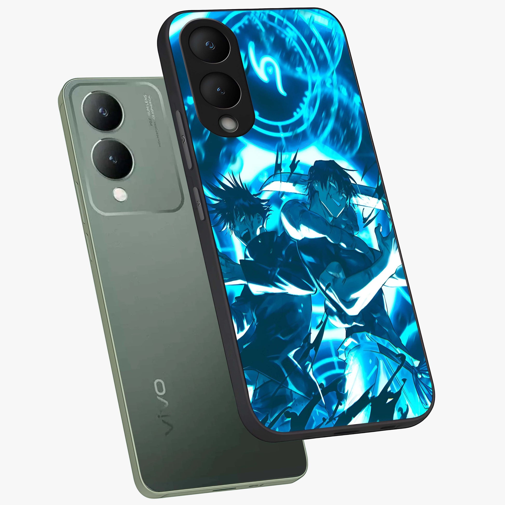 Cursed Energy Clash Glass Case displayed in angled mockup highlighting powerful battle inspired graphic with anime style aesthetic.
