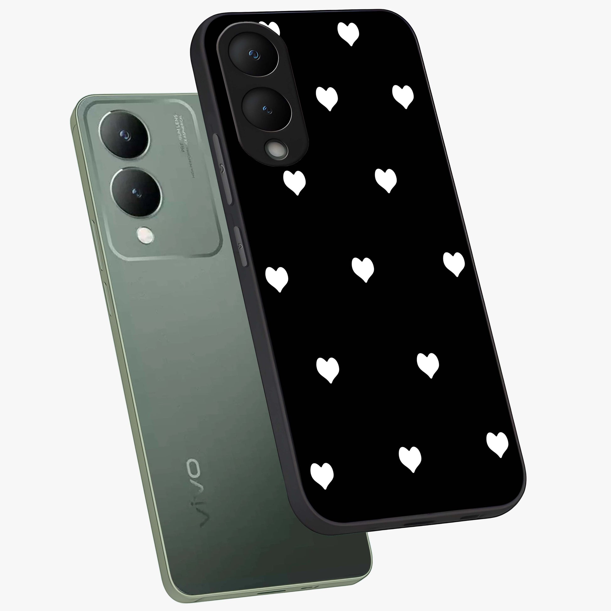 Cute And Simple White Hearts Glass Case displayed in angled mockup highlighting cute heart design with clean aesthetic style.