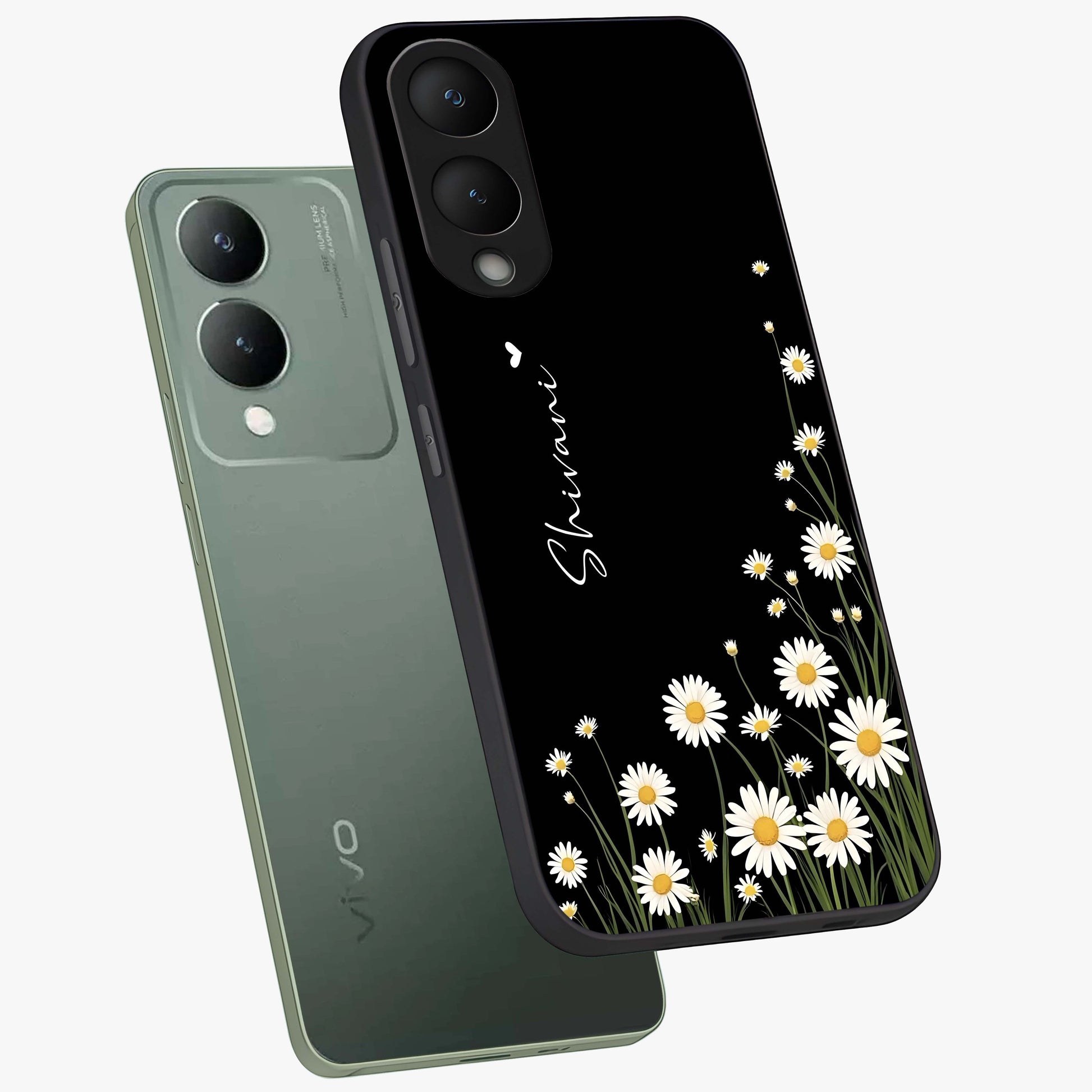 Daisy Cascade Custom Name Glass Case displayed in angled mockup highlighting delicate daisy artwork with custom name feature.