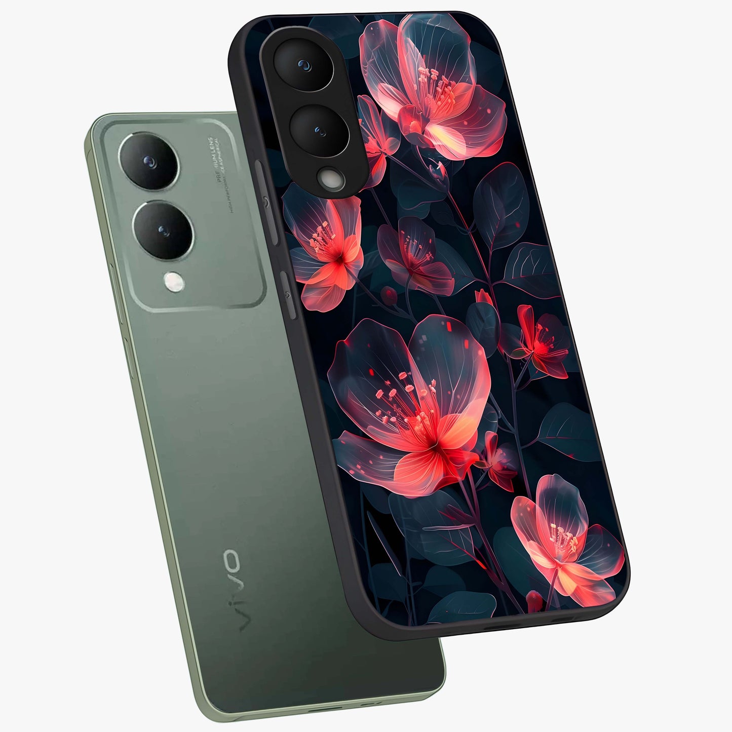 Dark Shade of Flower Glass Case displayed in angled mockup highlighting moody floral illustration with aesthetic dark tones.