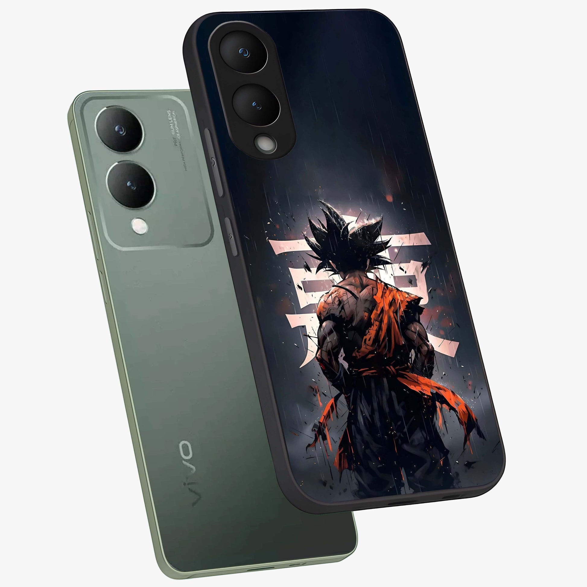 Dark Warrior In Rain Glass Case displayed in angled mockup highlighting dramatic warrior illustration with dark rain aesthetic.