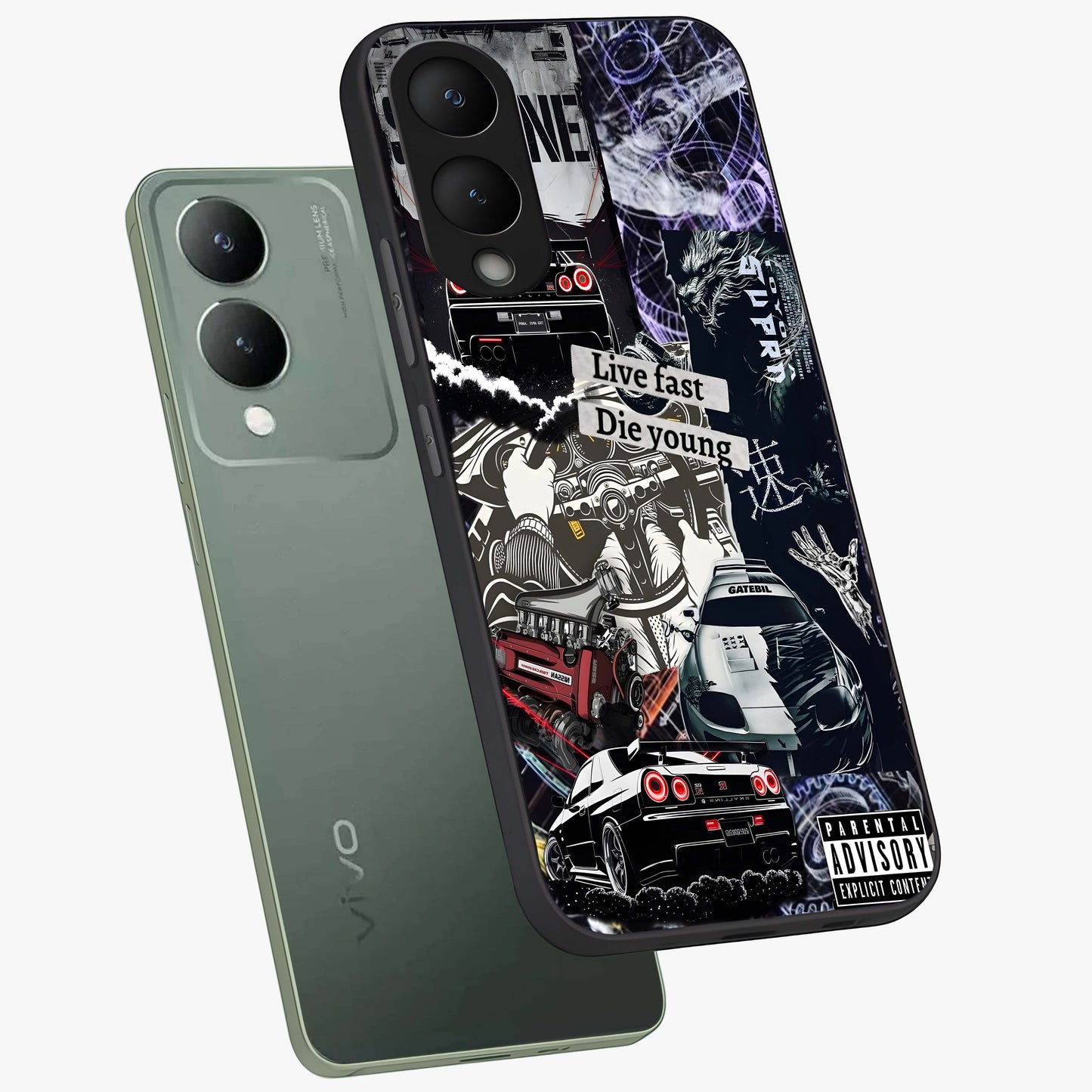Die Young Glass Case displayed in angled mockup highlighting expressive graphic artwork with edgy aesthetic style.