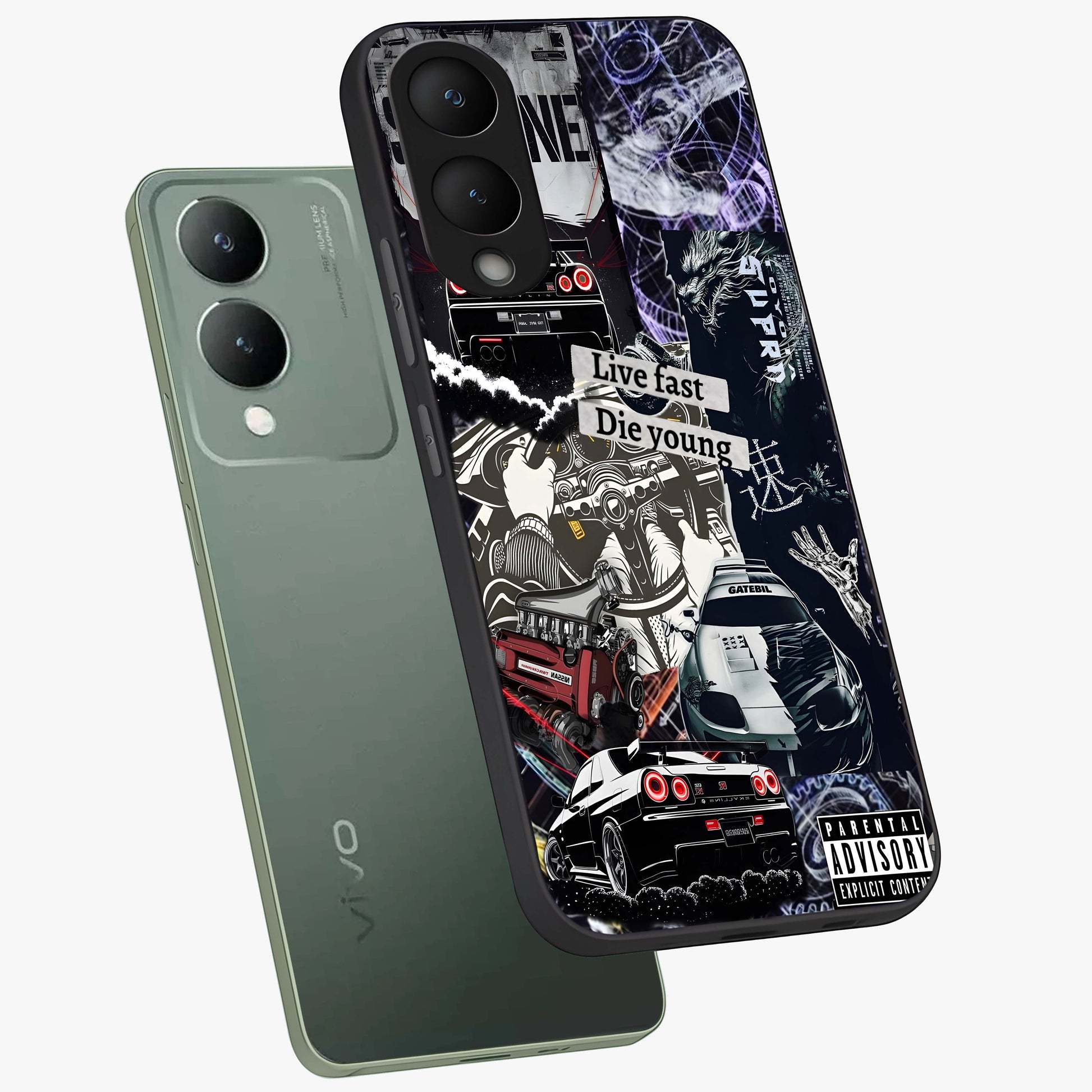 Die Young Glass Case displayed in angled mockup highlighting expressive graphic artwork with edgy aesthetic style.