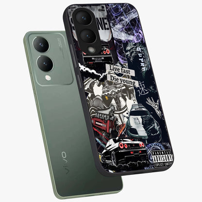 Die Young Glass Case displayed in angled mockup highlighting expressive graphic artwork with edgy aesthetic style.