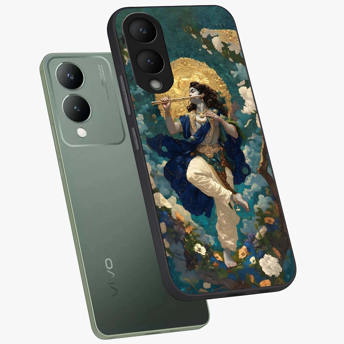 Divine Krishna Art Glass Case displayed in angled mockup highlighting spiritual Krishna illustration with devotional aesthetic.
