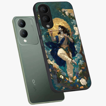 Divine Krishna Art Glass Case displayed in angled mockup highlighting spiritual Krishna illustration with devotional aesthetic.