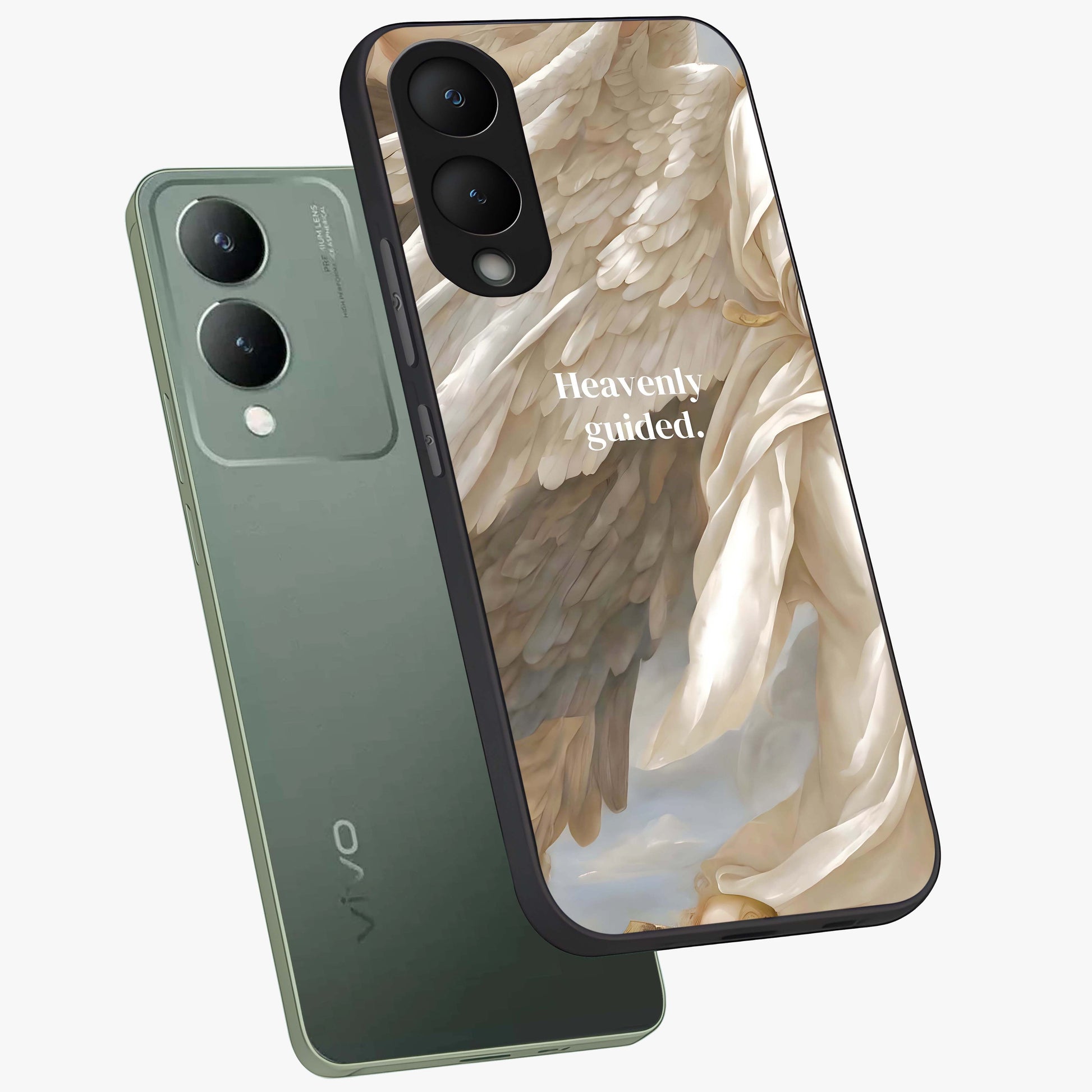 Divine Winged Grace Glass Case displayed in angled mockup highlighting graceful wing design with divine aesthetic style.