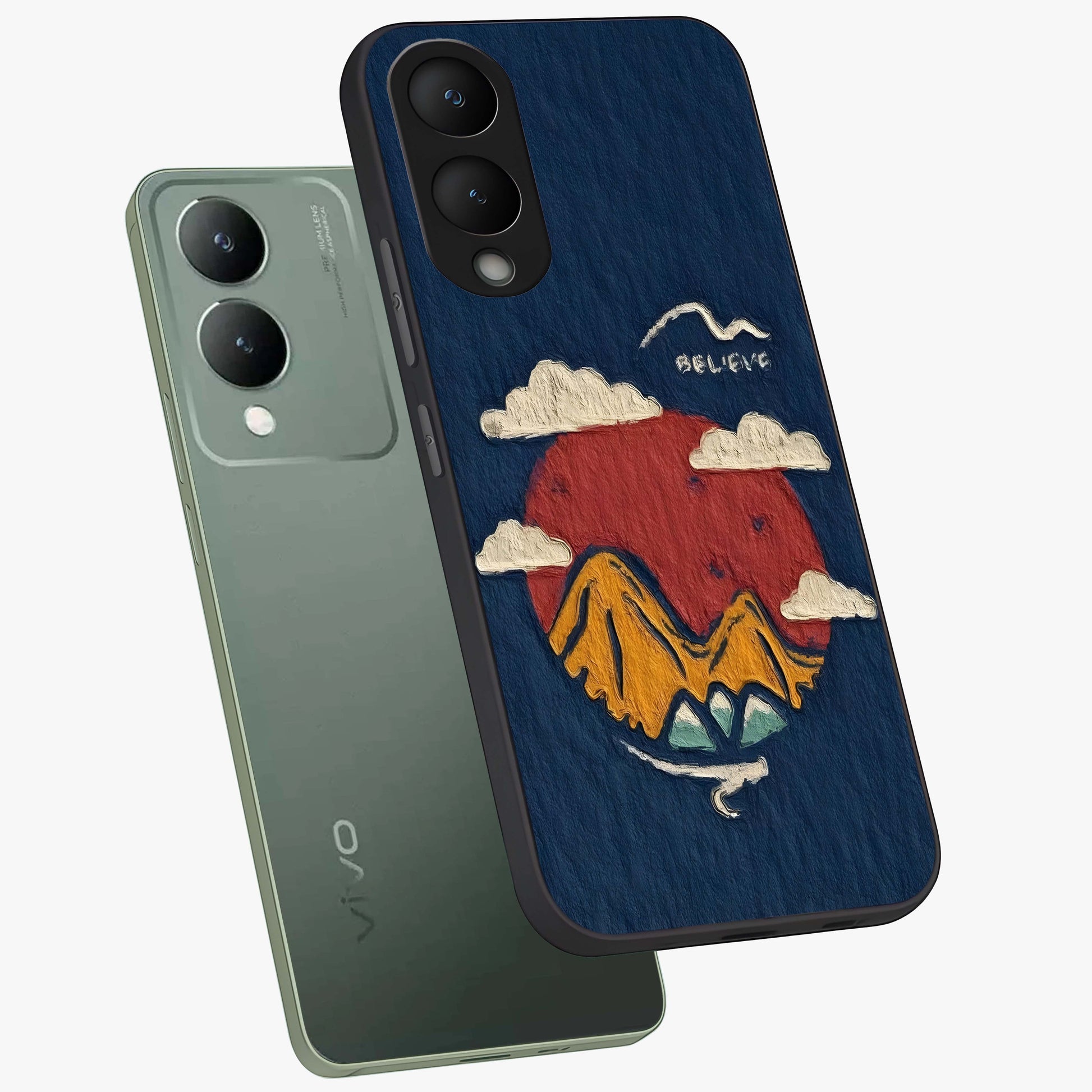 Dream Beyond Mountains Glass Case displayed in angled mockup highlighting dreamy mountain illustration with peaceful aesthetic.