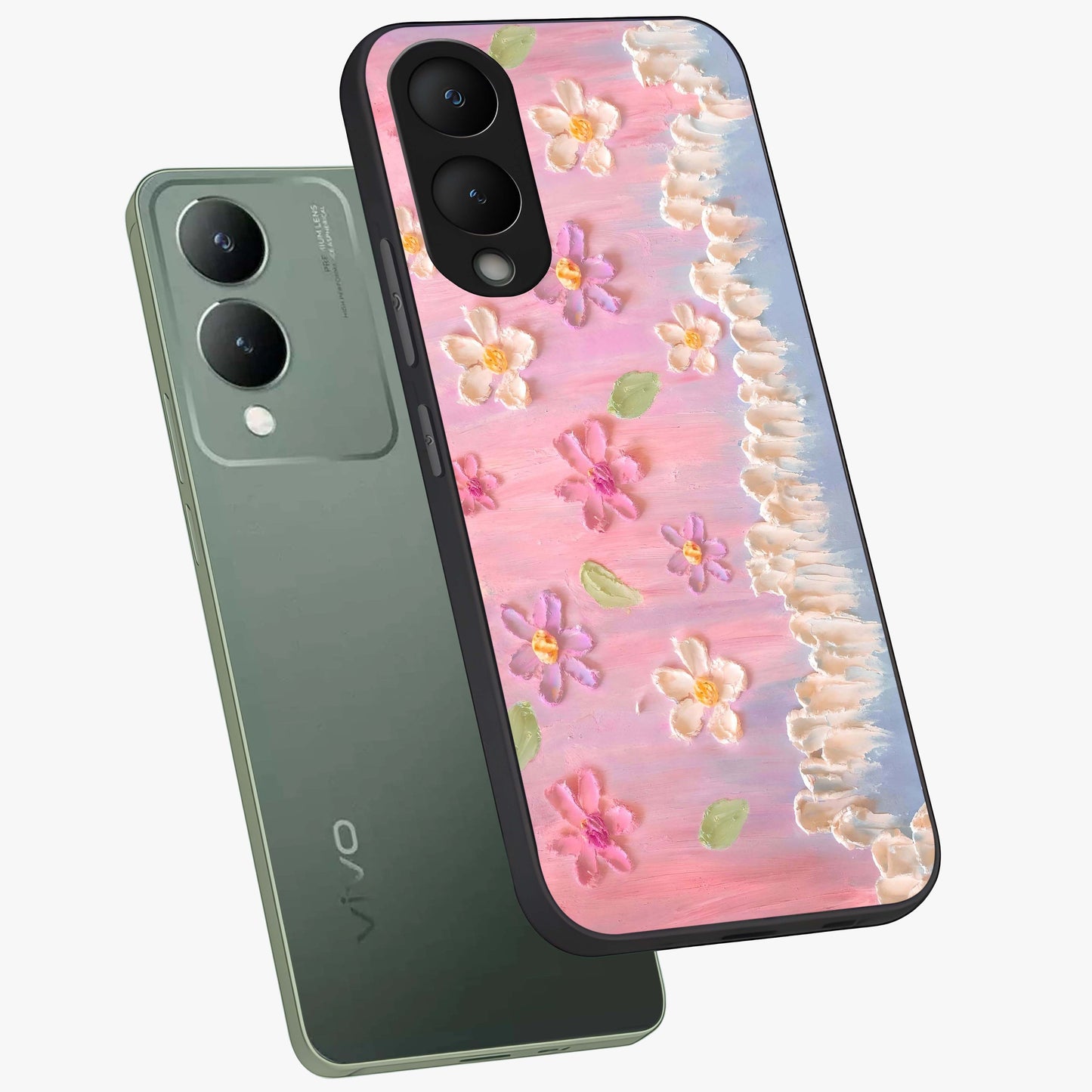 Dreamy Painted Garden Glass Case displayed in angled mockup highlighting colorful garden illustration with dreamy aesthetic style.