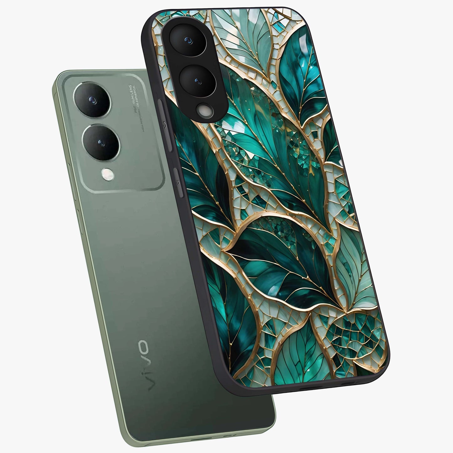 Emerald Leaf Glass Glass Case displayed in angled mockup highlighting botanical leaf illustration with elegant natural aesthetic.
