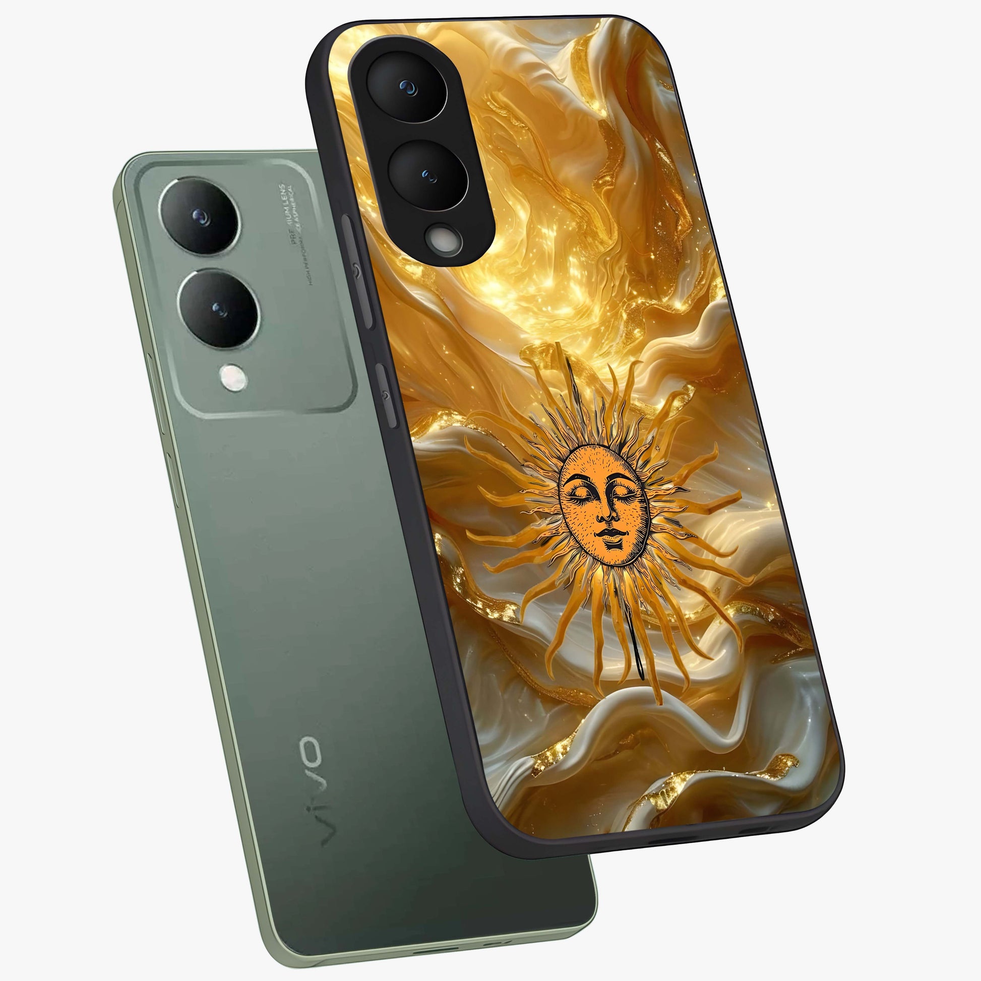 Eternal Golden Glow Glass Case displayed in angled mockup highlighting glowing golden aesthetic design with elegant style.