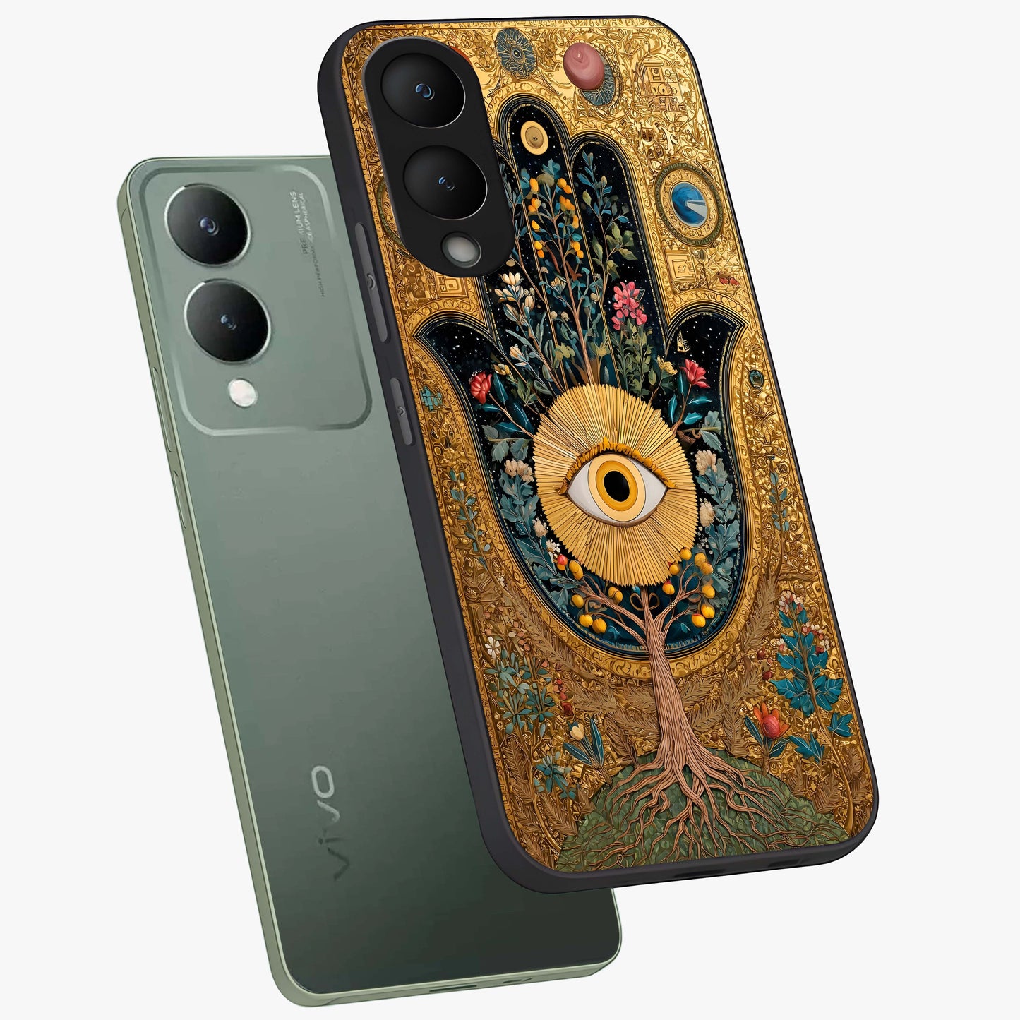 Ethereal Evil Eye Glass Case displayed in angled mockup highlighting protective evil eye symbol with spiritual aesthetic design.