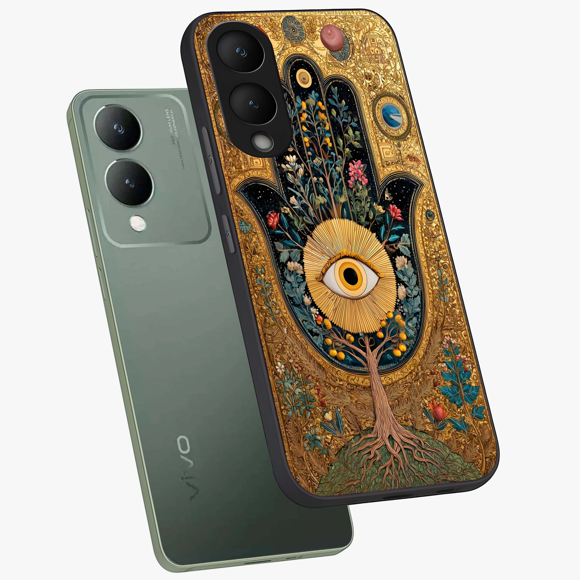 Ethereal Evil Eye Glass Case displayed in angled mockup highlighting protective evil eye symbol with spiritual aesthetic design.