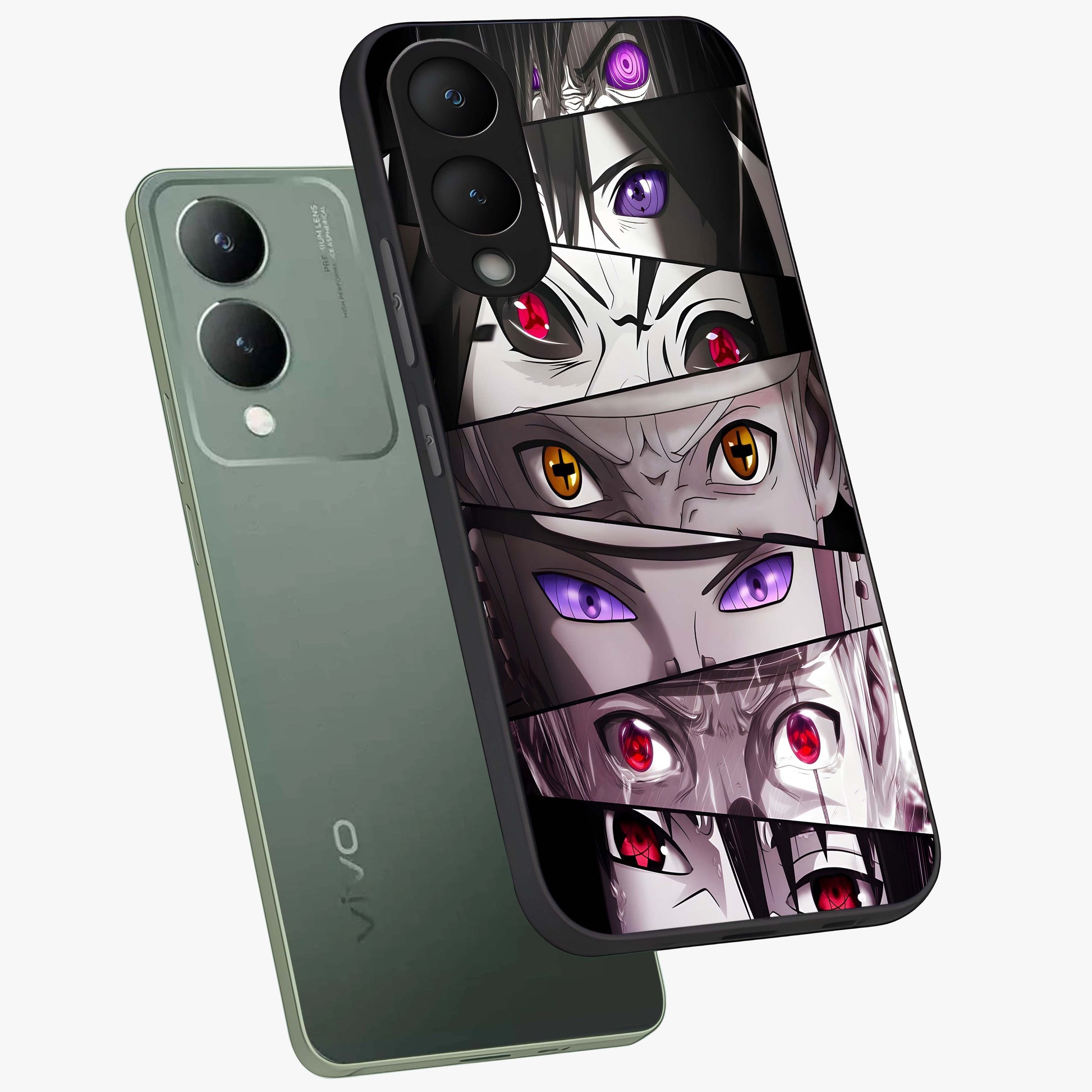 Eyes of Destiny Glass Case displayed in angled mockup highlighting bold eye illustration with mystical aesthetic style.